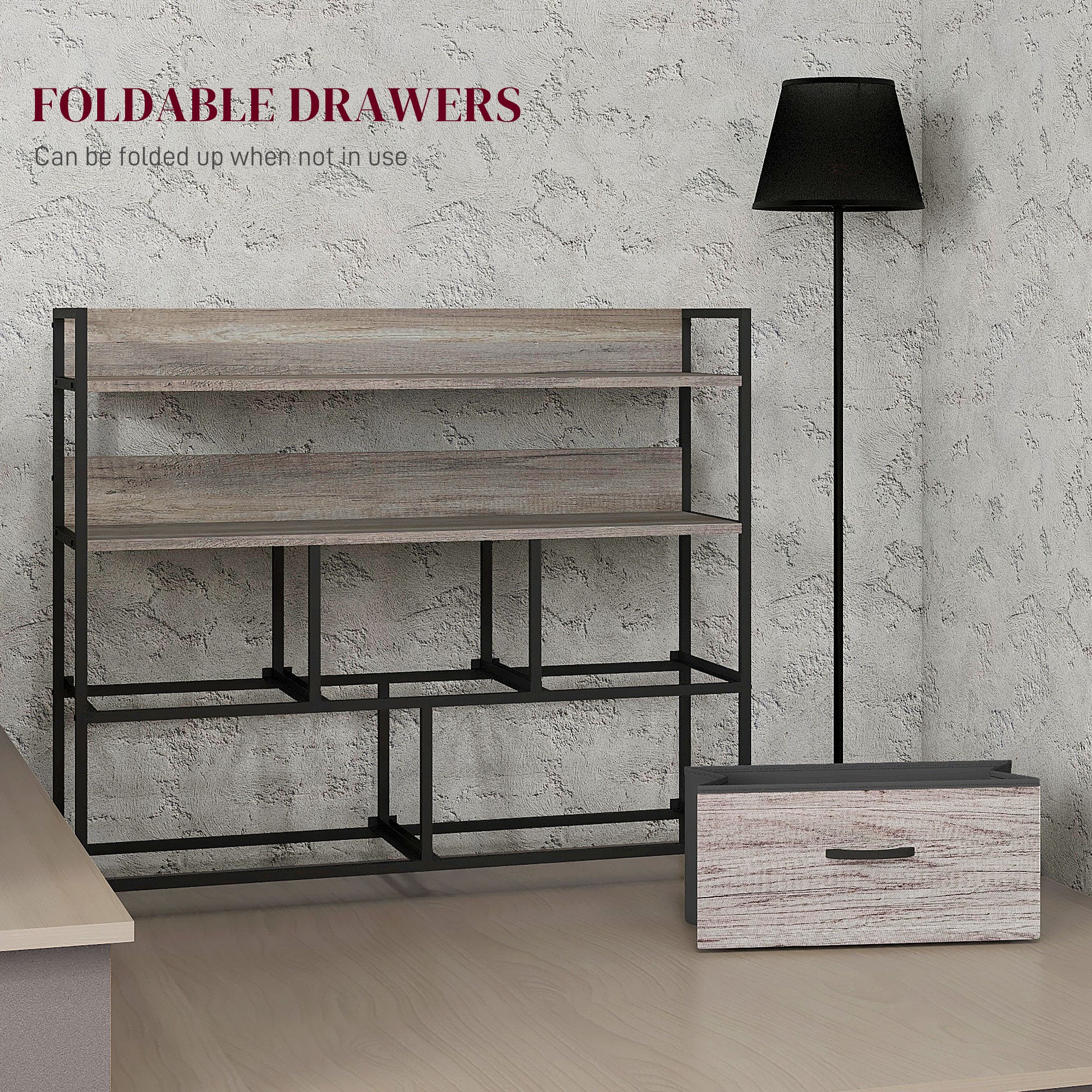 HOMCOM Rustic Chest of Five Fabric Drawers - Grey Wood Effect - North Peak Garden Furniture