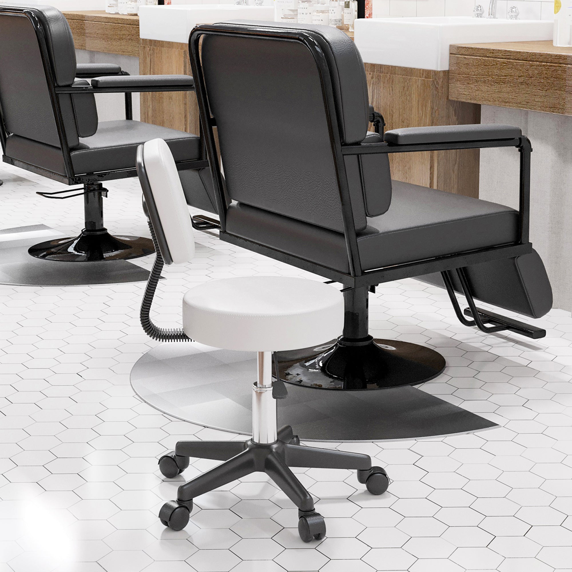 HOMCOM Beautician's Swivel Salon Chair w/ Padded Seat Back 5 Wheels Adjustable Height Salon Hairdressers Tattoo Spa Rolling Cushion Professional 48cm White - North Peak Garden Furniture