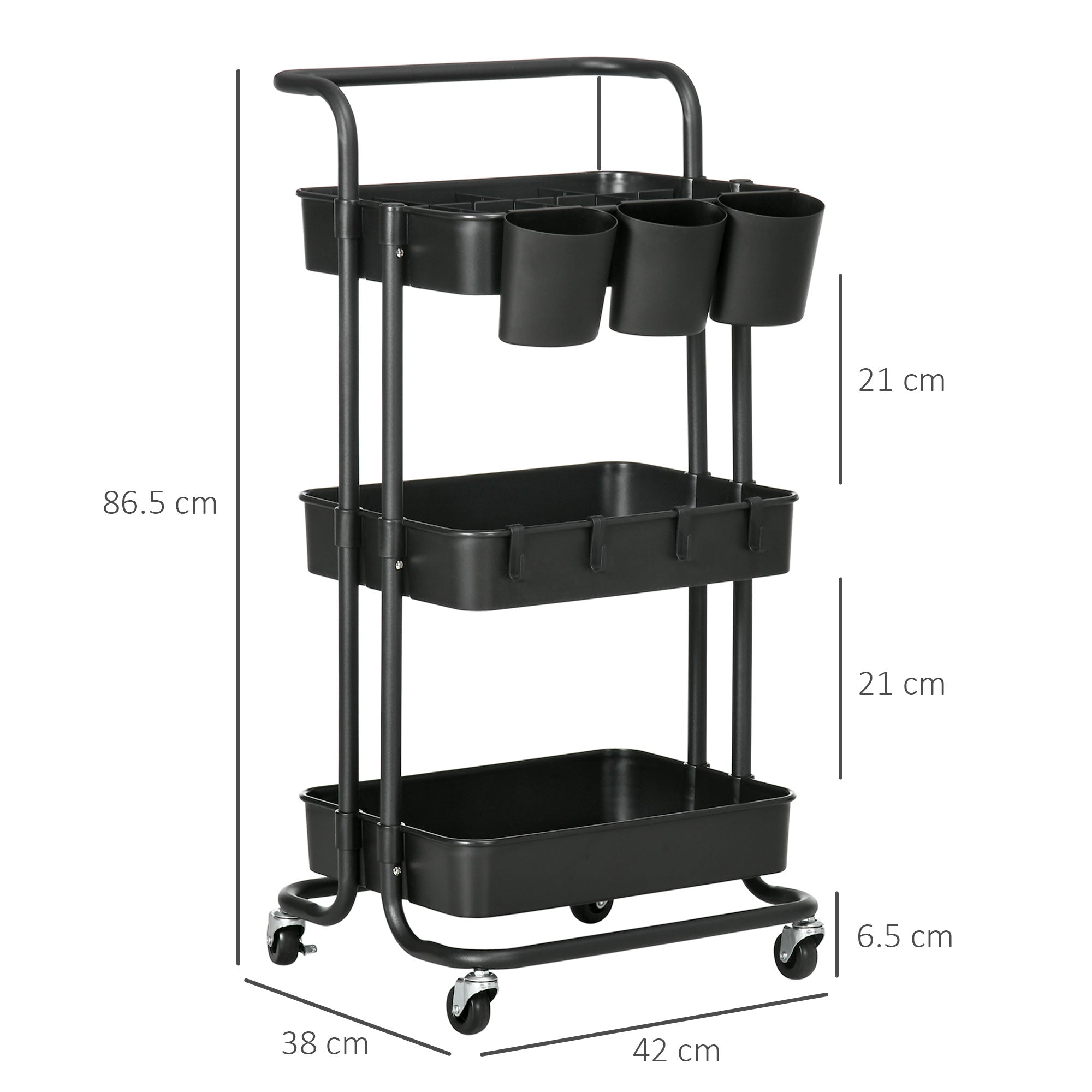 HOMCOM 3 Tier Utility Rolling Cart, Kitchen Cart with 3 Removable Mesh Baskets, 3 Hanging Box, 4 Hooks and Dividers for Living Room, Laundry, Garage, Black - North Peak Garden Furniture