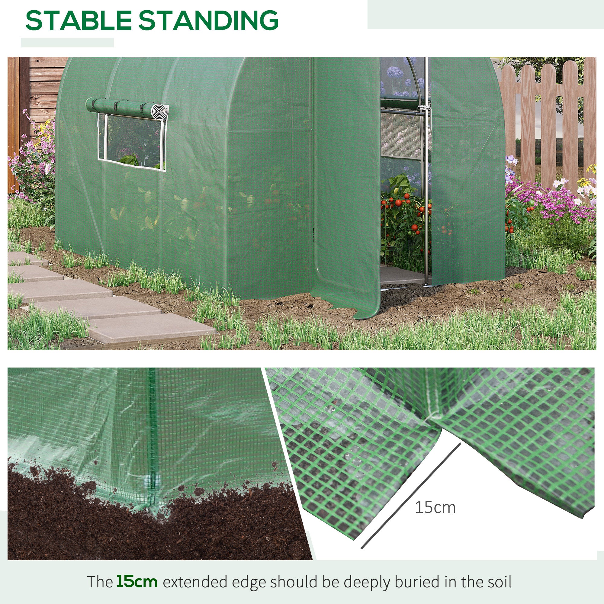 Outsunny Large Polytunnel Walk In Greenhouse, Plant Gardening Tunnel Green House with Metal Hinged Door, Galvanised Steel Frame & Mesh Windows, Green (3 x 2 m) - North Peak Garden Furniture