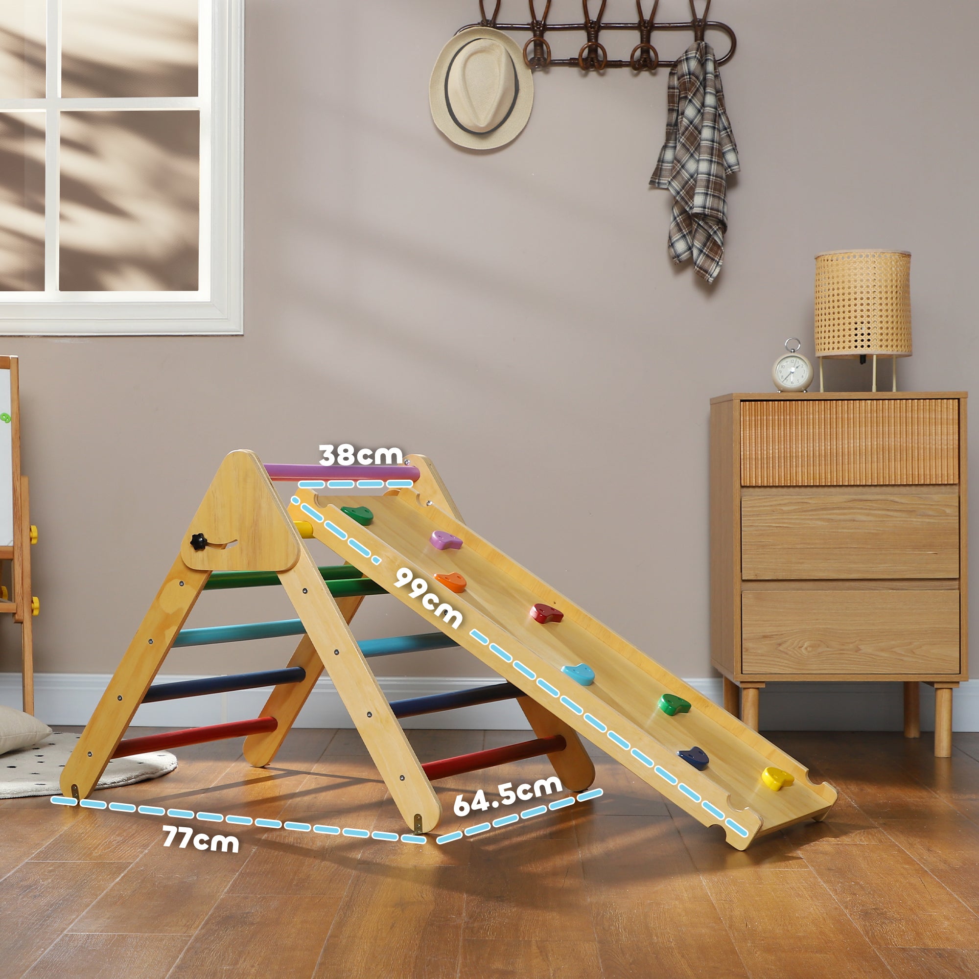 AIYAPLAY Toddler Climbing Frame for Kids with Ramp, 3 in 1 Wooden Pikler Triangle Set for 18-48 Months, Multicolour