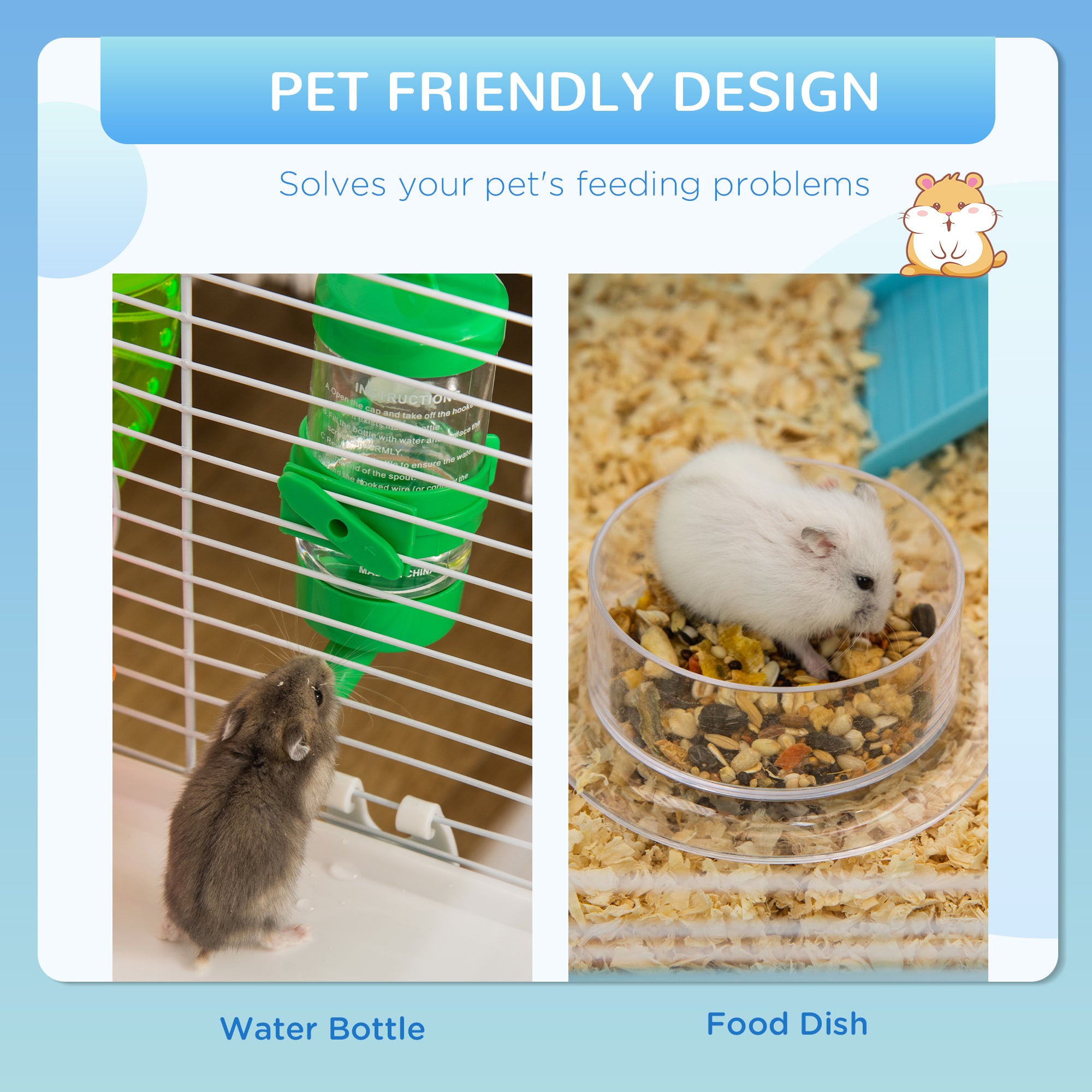 PawHut Hamster Cage with Tubes Tunnel 3 Level Rodent House with Exercise Wheel, Water Bottle, Food Dish, Ramp, Hut 59 x 36 x 47 cm- Blue - North Peak Garden Furniture