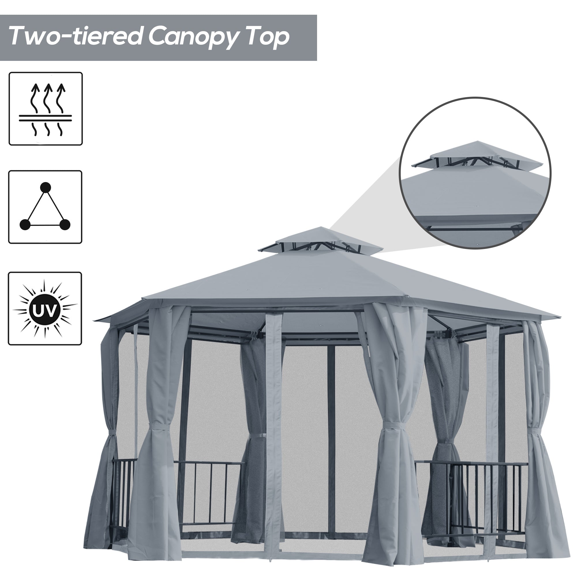 Outsunny 3 x 3(m) Hexagon Gazebo Patio Canopy Party Tent Outdoor Garden Shelter w/ 2 Tier Roof & Side Panel - Grey - North Peak Garden Furniture