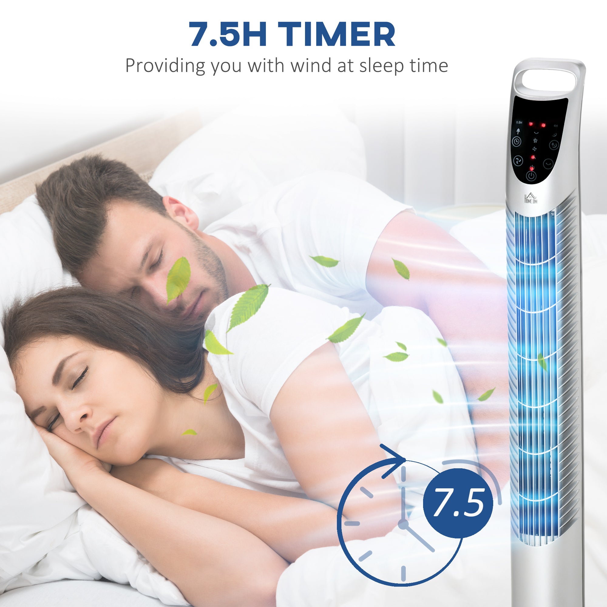 HOMCOM 36'' Freestanding Tower Fan, 3 Speed 3 Mode, 7.5h Timer, 70 Degree Oscillation, LED Panel, 5M Remote Controller, Silver - North Peak Garden Furniture