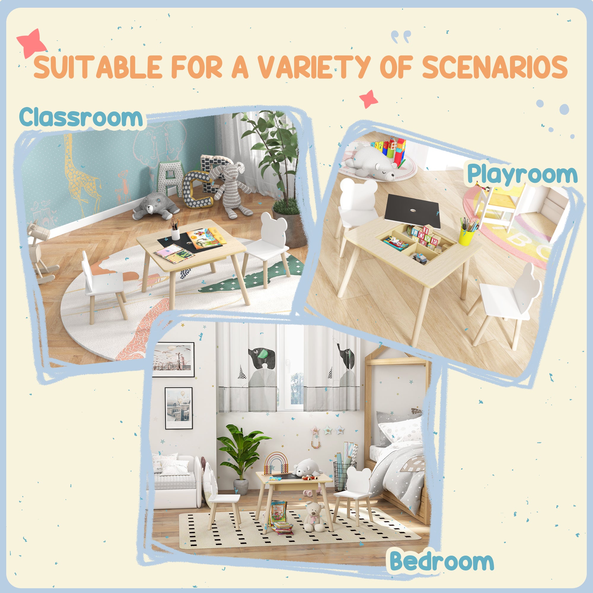 AIYAPLAY 3-Piece Kids Table and Chairs Set with Convertible Desk and Storage Grid, Kids Activity Table for Nursery, Playroom - North Peak Garden Furniture