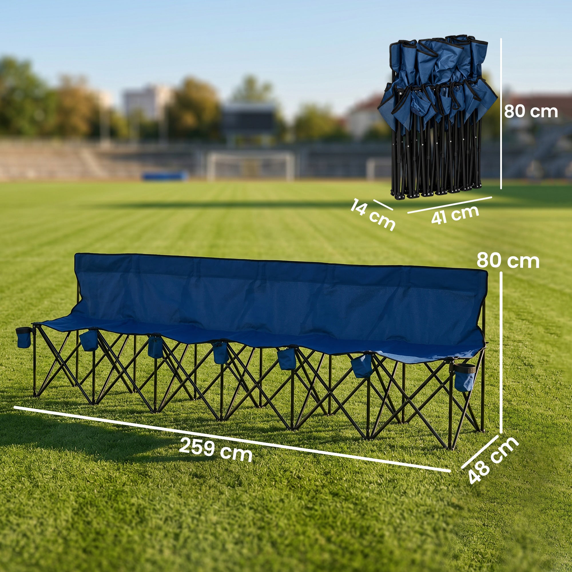Outsunny 6 Seater Folding Bench, Outdoor Camping Chair Portable Sports Spectator Chair with Steel Frame, Cup Holder & Carry Bag, Blue