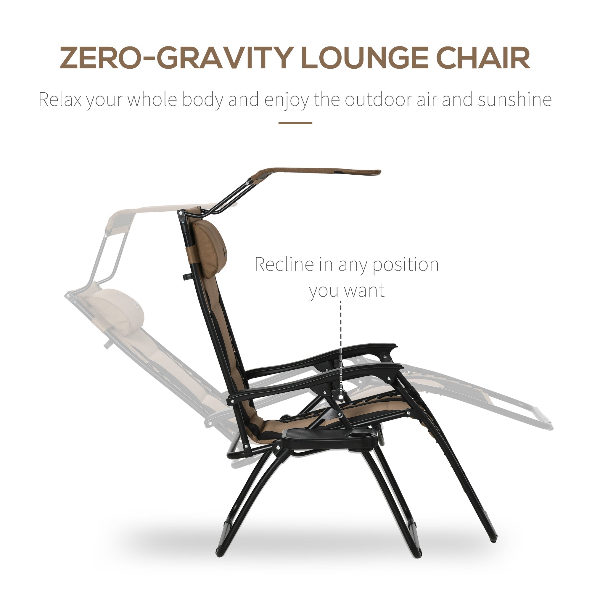 Outsunny Zero Gravity Lounger Chair, Folding Reclining Patio Chair with Shade Cover, Cup Holder, Soft Cushion and Headrest for Poolside, Camping, Brown - North Peak Garden Furniture
