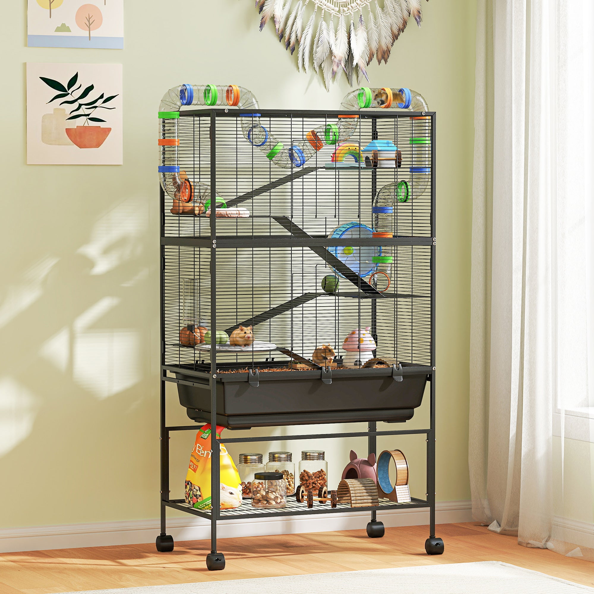 PawHut 5 Tier Large Hamster Cage on Wheels with 17 cm Deep Tray, Storage Shelf for Syrian, Gerbil, Rats - North Peak Garden Furniture