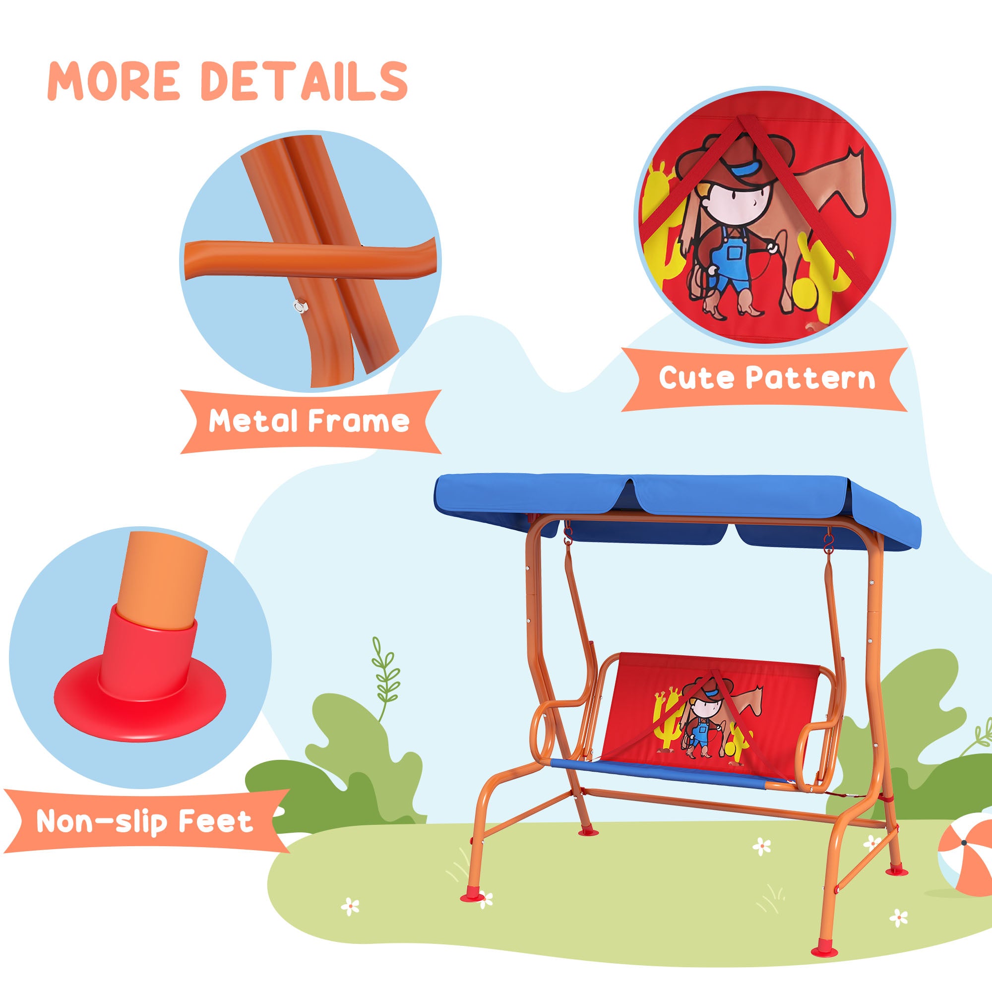 Outsunny Two Seater Kids Garden Swing, Cowboy Themed kids Swing Chair with Adjustable Canopy, Safety Belts for Outdoor Use - North Peak Garden Furniture