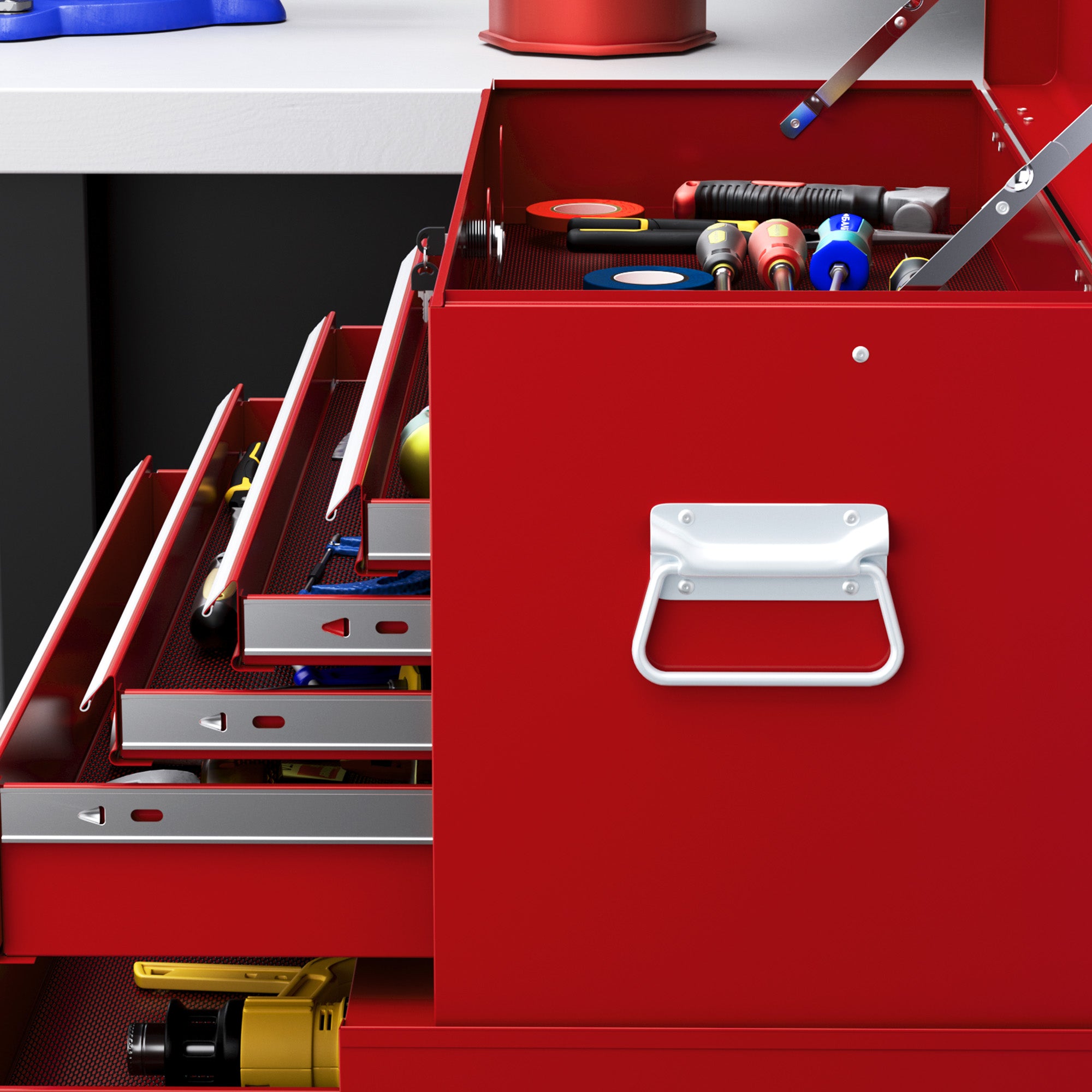 HOMCOM Portable Tool Box, Metal Tool Chest on Wheels with 6 Drawers for Garage and Workshop, Red - North Peak Garden Furniture