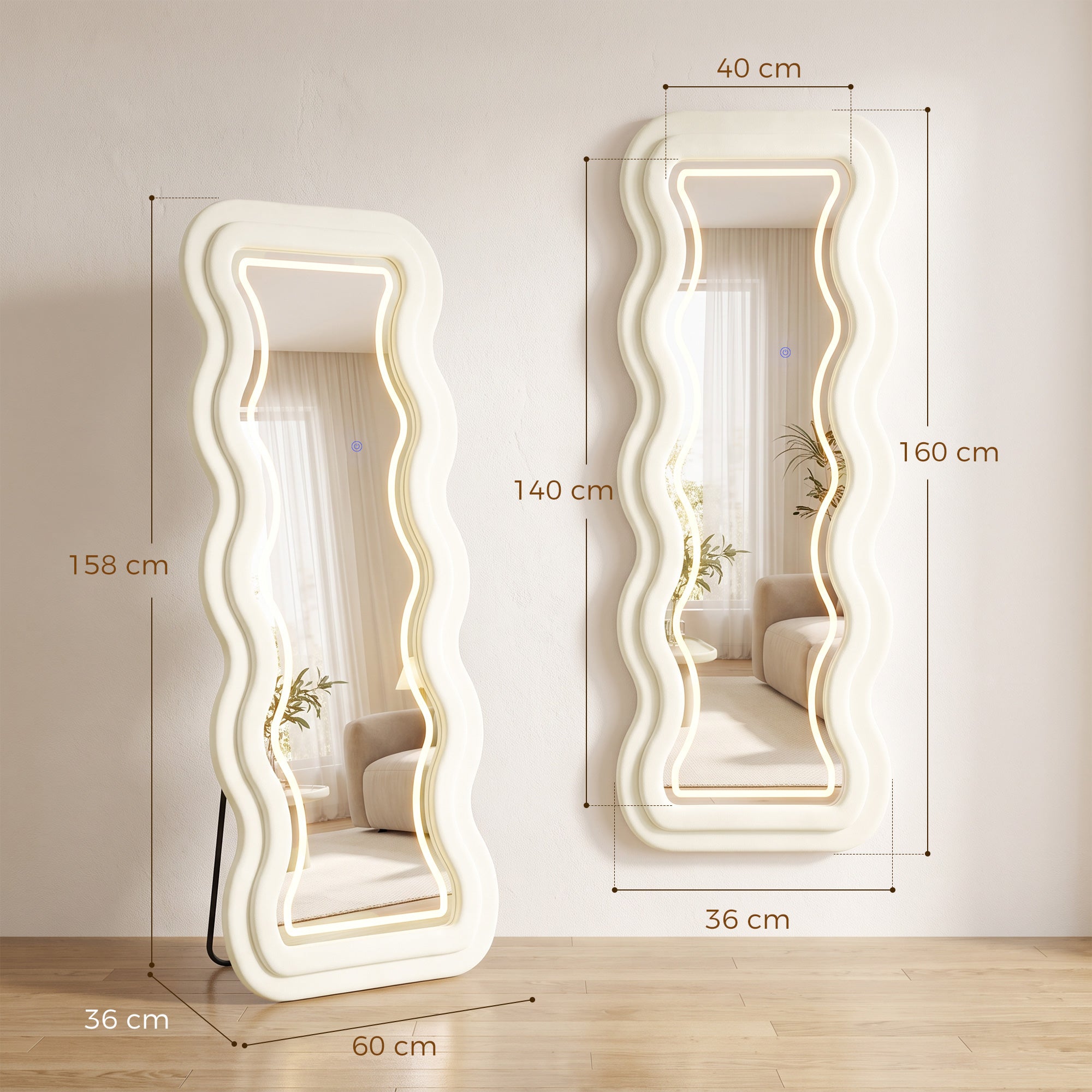 HOMCOM Full Length Mirror, 160 x 60 cm Wavy Full Body Wall Standing Mirror with Velvet Frame and LED Light Strip, Cream White