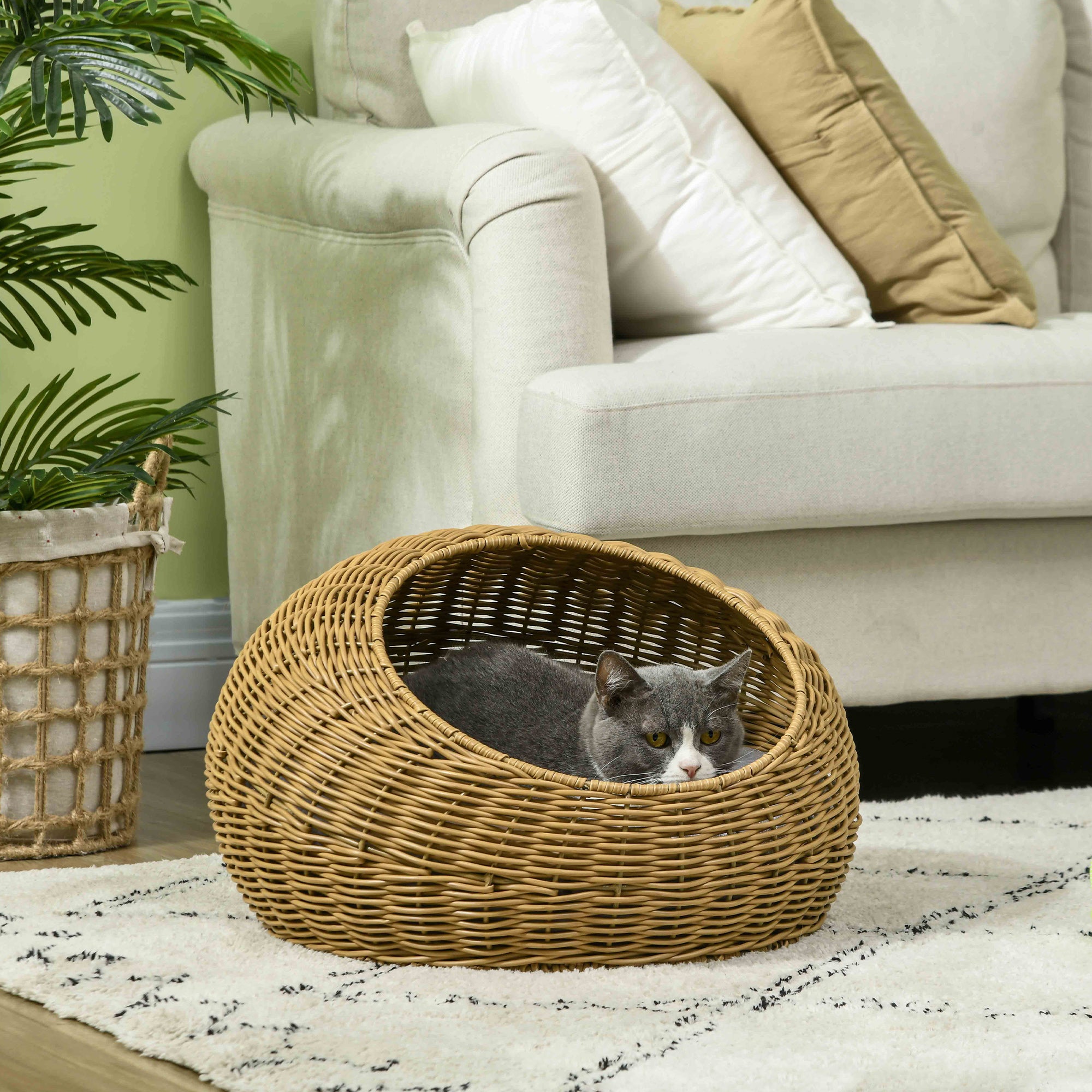 PawHut Wicker Cat House with Washable Cushion for Indoor Cats, Light Brown