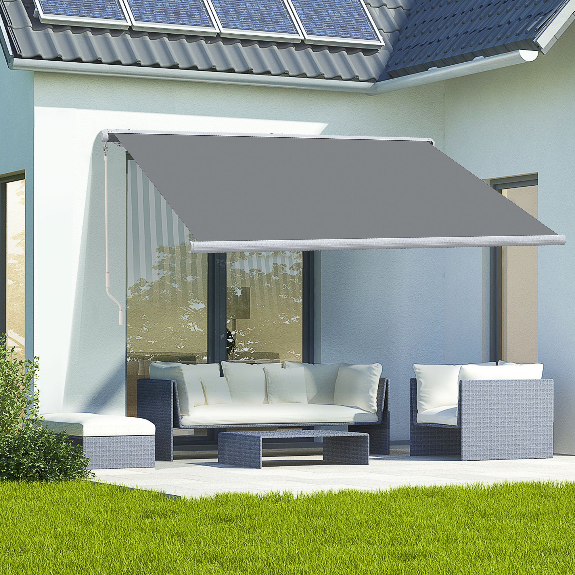 Outsunny 4x3m Full Cassette Electric/Manual Retractable Awning, Sun Canopies for Patio Door Window with Remote Controller, Grey - North Peak Garden Furniture