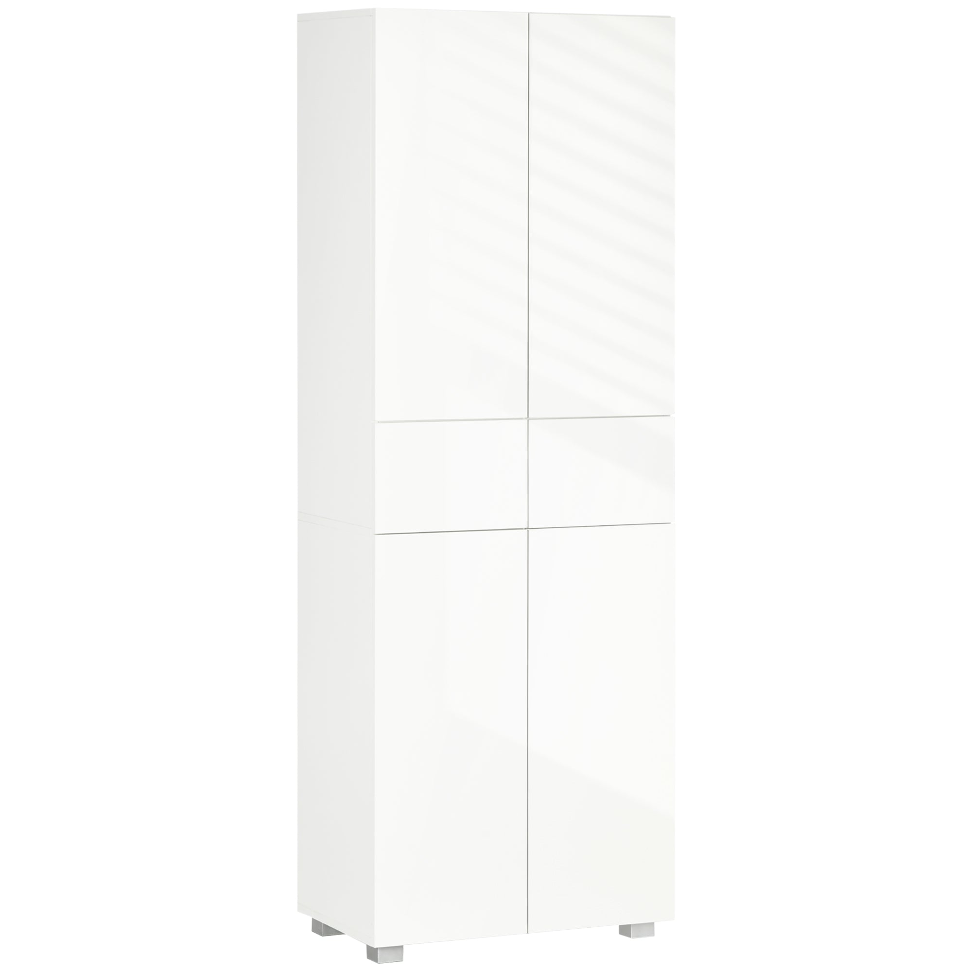 HOMCOM 4-Door Kitchen Cupboard, Freestanding 5-Tier Storage Cabinet with 3 Adjustable Shelves, 2 Drawers for Living Room, Dining Room, Push to Open Design, High Gloss White