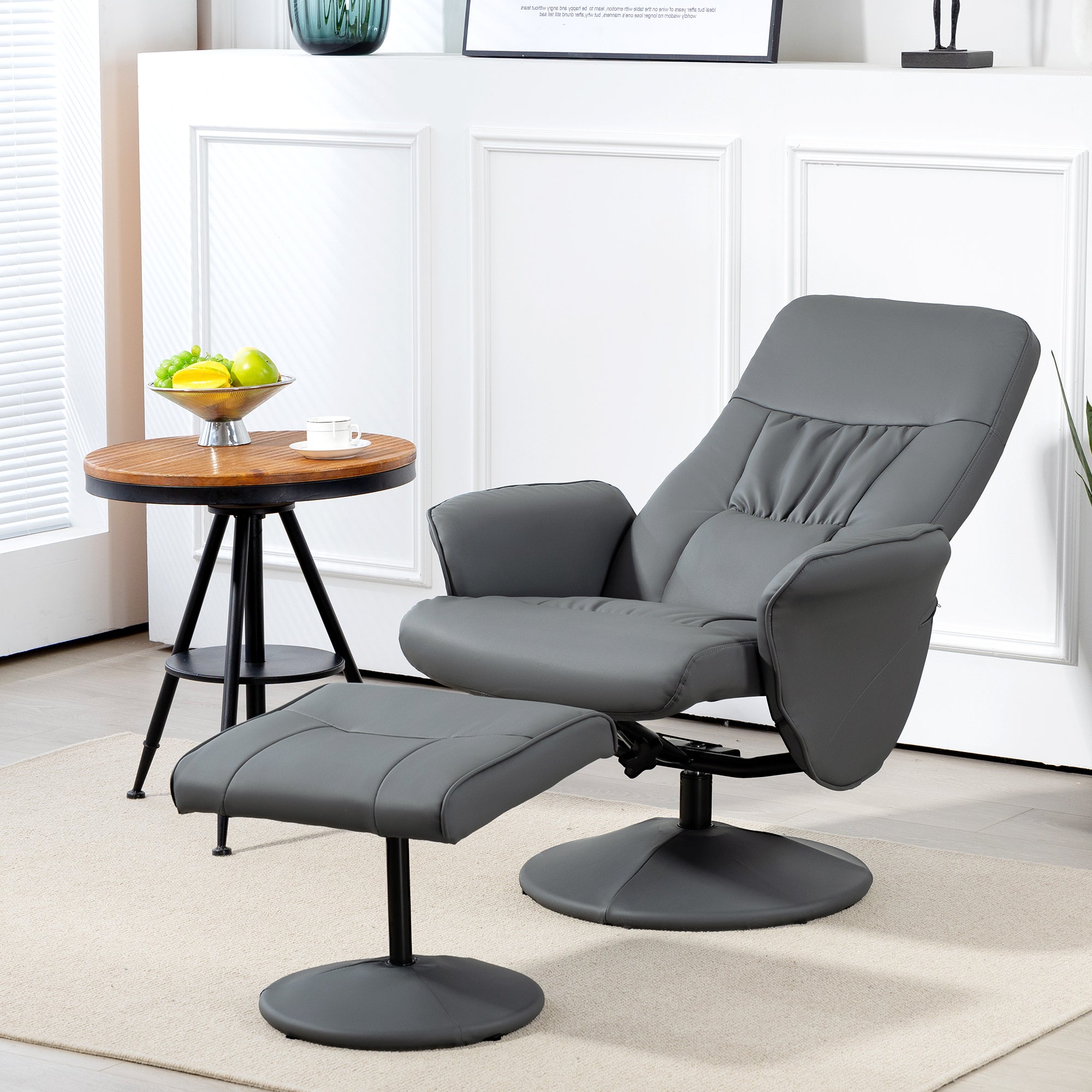 HOMCOM Swivel Recliner Chair with Footstool, PU Leather Armchair and Ottoman with High Back and Round Base for Living Room, Grey - North Peak Garden Furniture