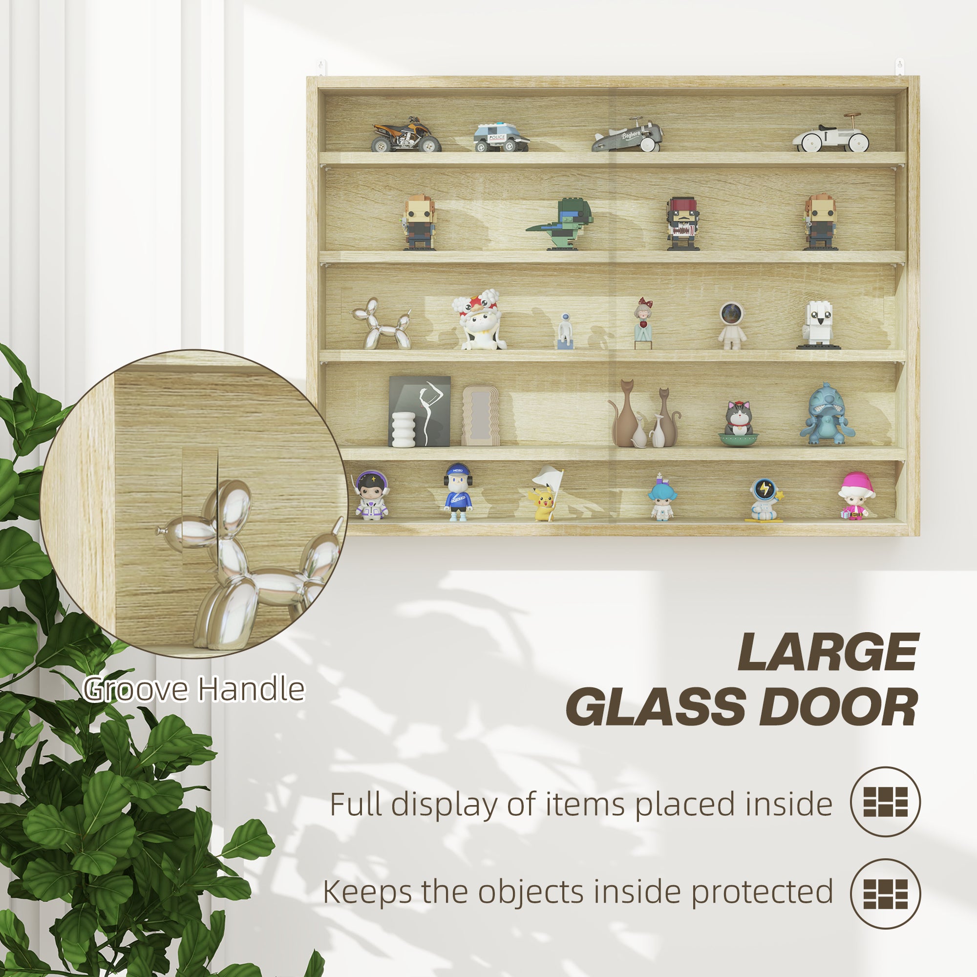 HOMCOM 5-Tier Wall Display Shelf Unit Cabinet w/ 4 Adjustable Shelves Glass Doors Home Office Ornaments 60x80cm Oak - North Peak Garden Furniture