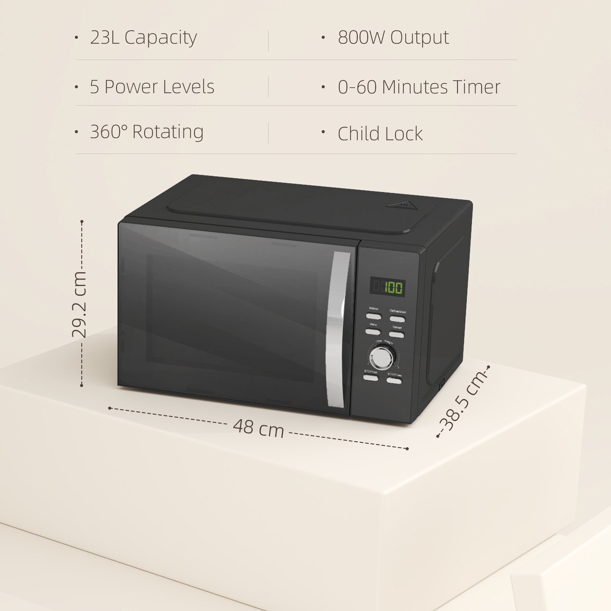HOMCOM 23L 800W Microwave Oven, Digital Solo Microwave with 5 Power Levels, Automatic Defrost, 8 Auto Cook Menus, 60 Minutes Timer, Clock, Easy Clean, Small Black Microwave - North Peak Garden Furniture