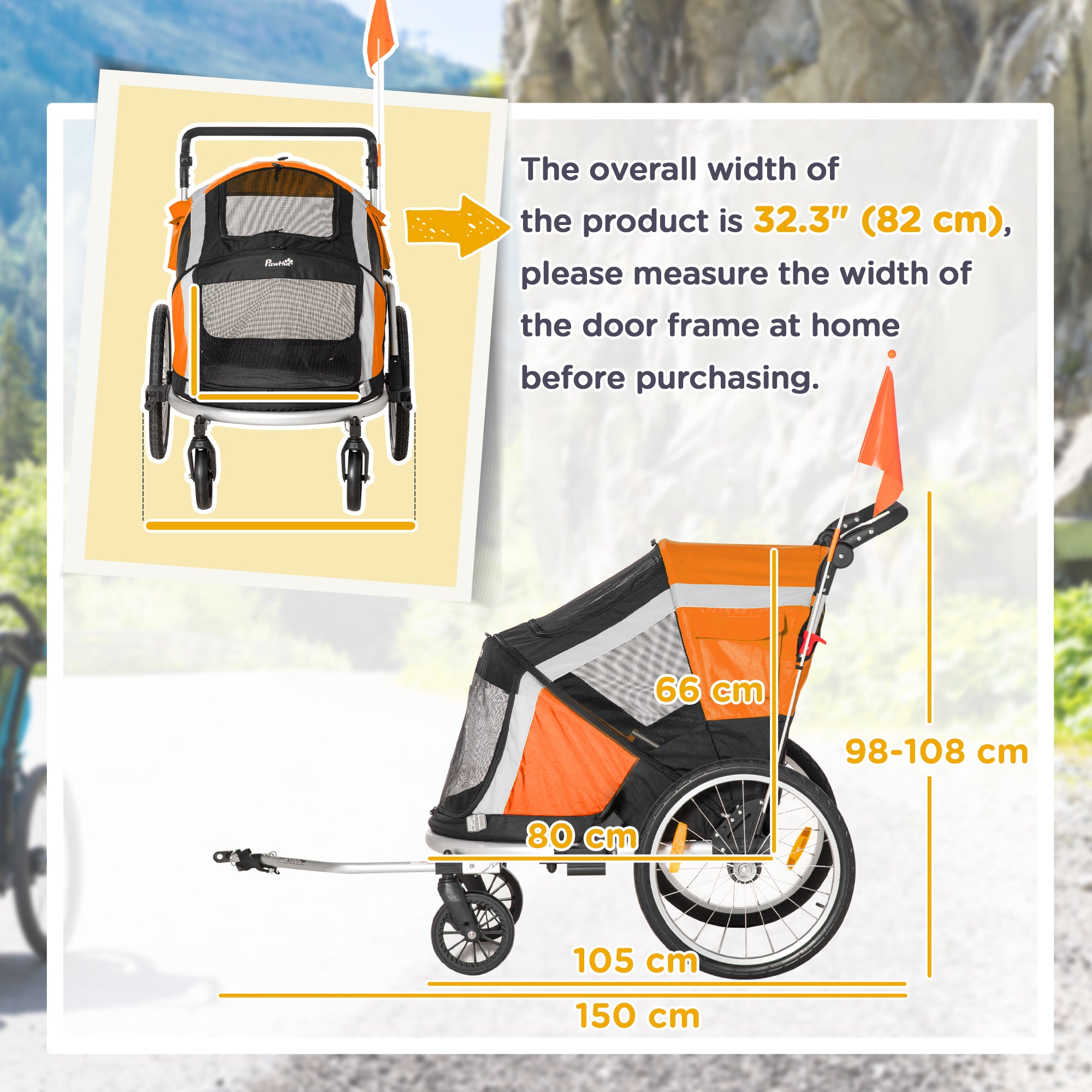 PawHut Dog Bike Trailer 2-in-1 Pet Stroller for Large Dogs Cart Foldable Bicycle Carrier Aluminium Frame with Safety Leash Hitch Coupler Reflector Flag Orange - North Peak Garden Furniture