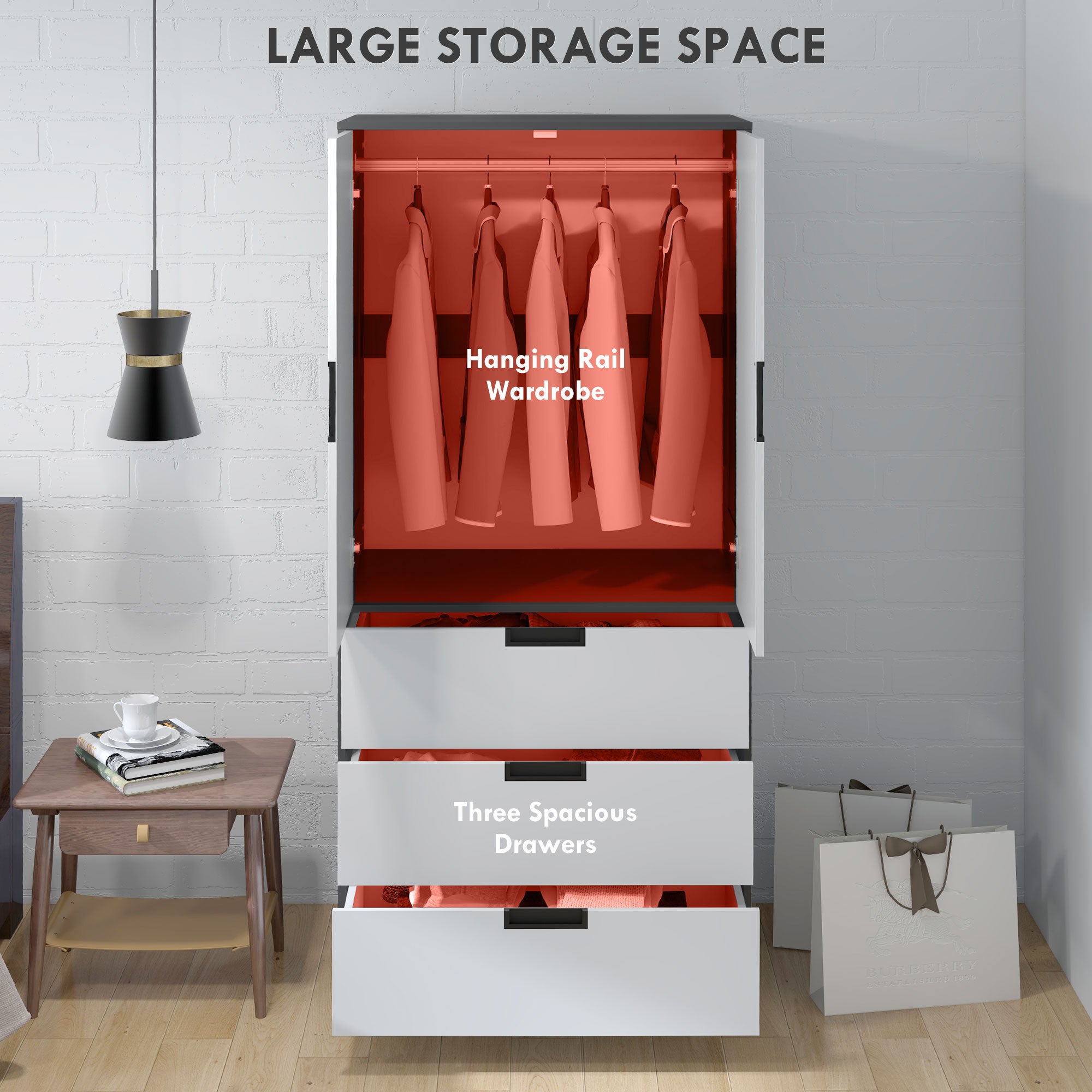 HOMCOM 2 Door Wardrobe, Modern Wardrobe with 3 Drawers and Hanging Rod for Bedroom, Grey - North Peak Garden Furniture