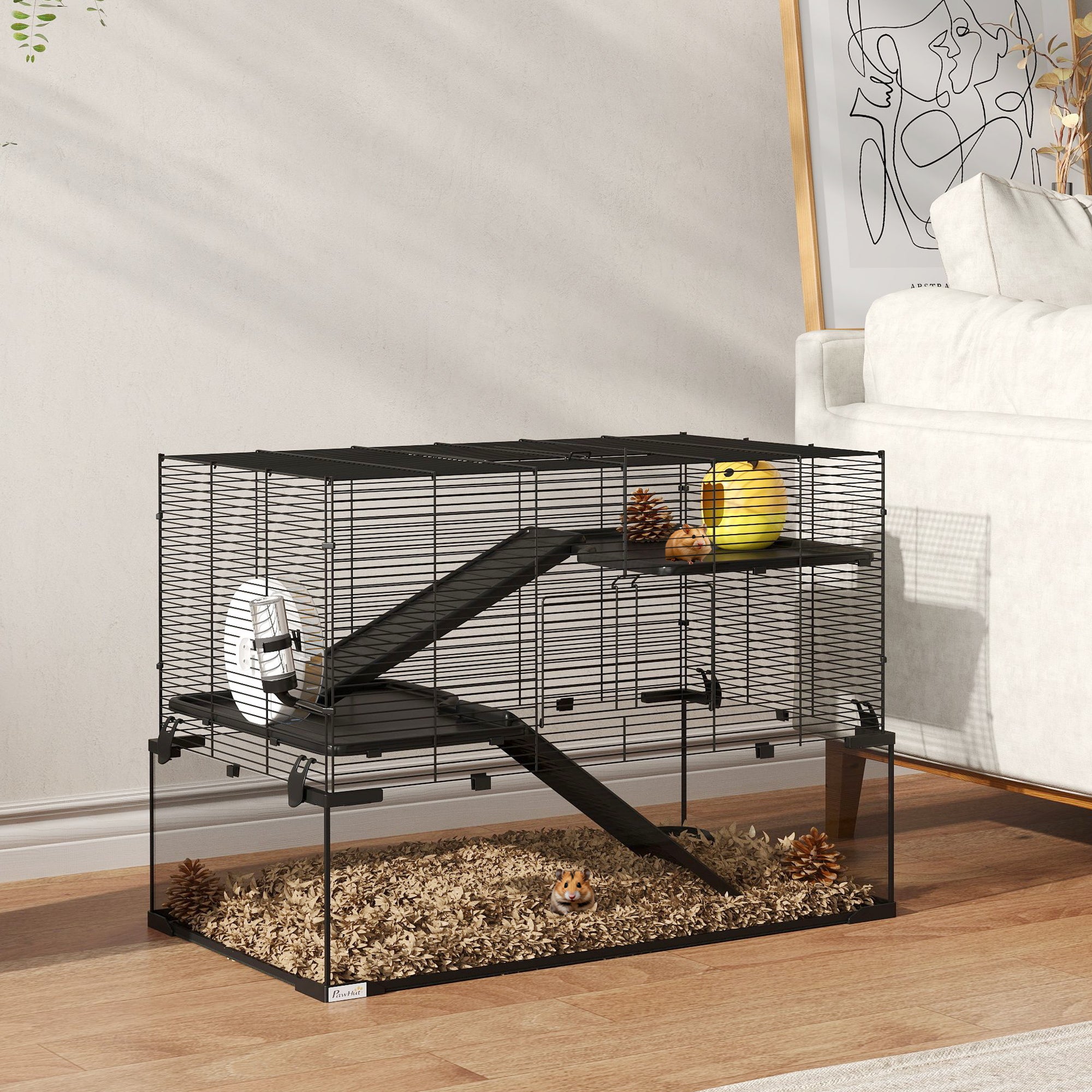 PawHut 3 Tiers Hamster Cage, Gerbil Cage with Deep Glass Bottom, Non-Slip Ramps, Platforms, Hut, Exercise Wheels, Water Bottle, Dish, for Syrian Hamster, Dwarf Hamster, 78.5 x 48.5 x 57cm