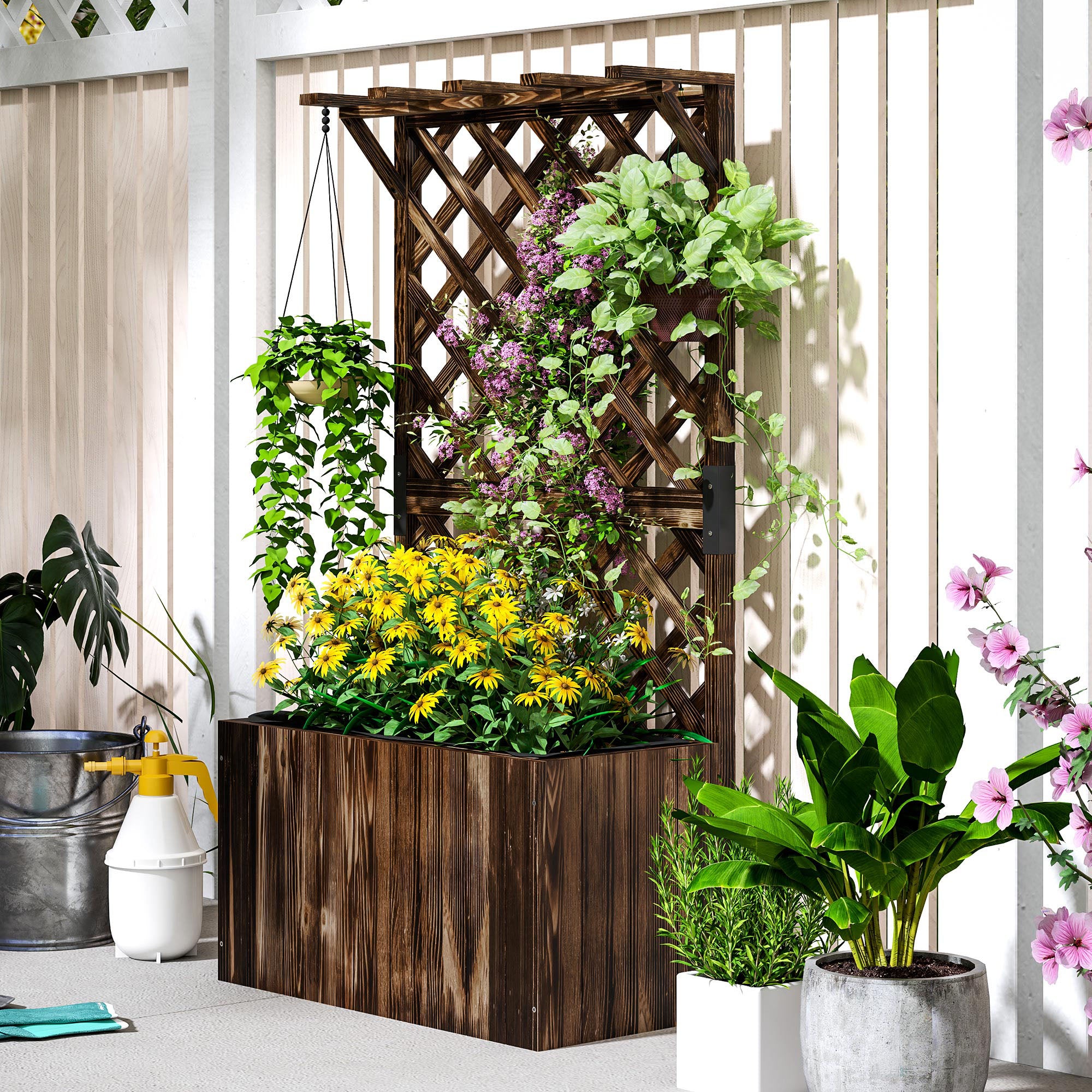 Outsunny Wooden Planter with Trellis, Freestanding Raised Garden Bed with Drainage Holes, Outdoor Planter Box with Liner for Vegetables, Herbs and Flowers, Carbonised - North Peak Garden Furniture