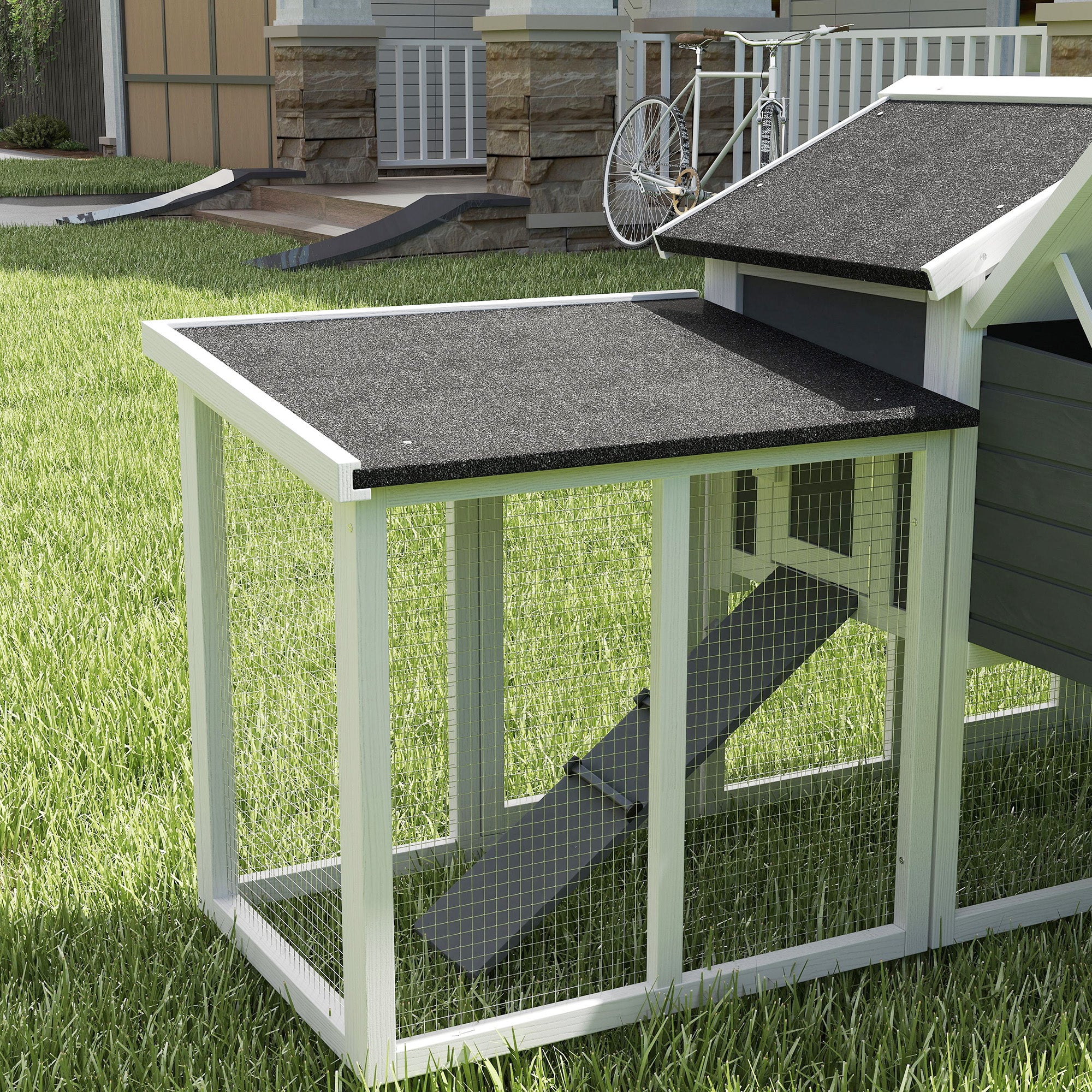 PawHut Large Chicken Coop, Wooden Garden Hen House, Poultry Coops Cages with Run, Nesting Box, Grey - North Peak Garden Furniture
