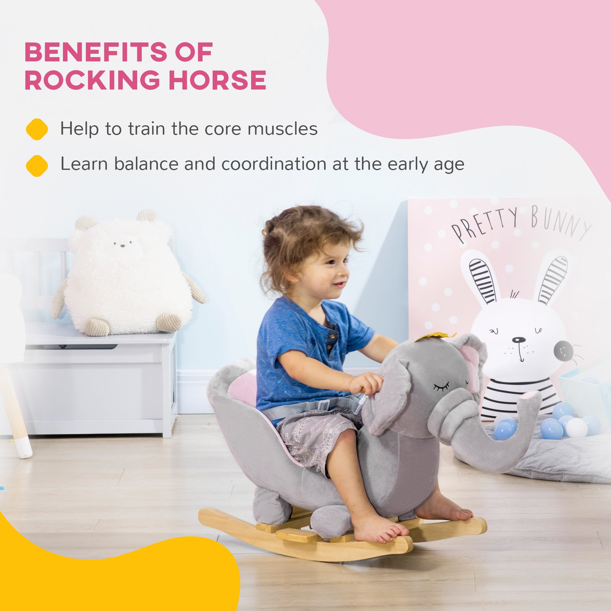 HOMCOM Kids Elephant-Designed Rocking Horse, with Safety Belt, Wooden Base, for Ages 18-36 Months - Grey - North Peak Garden Furniture