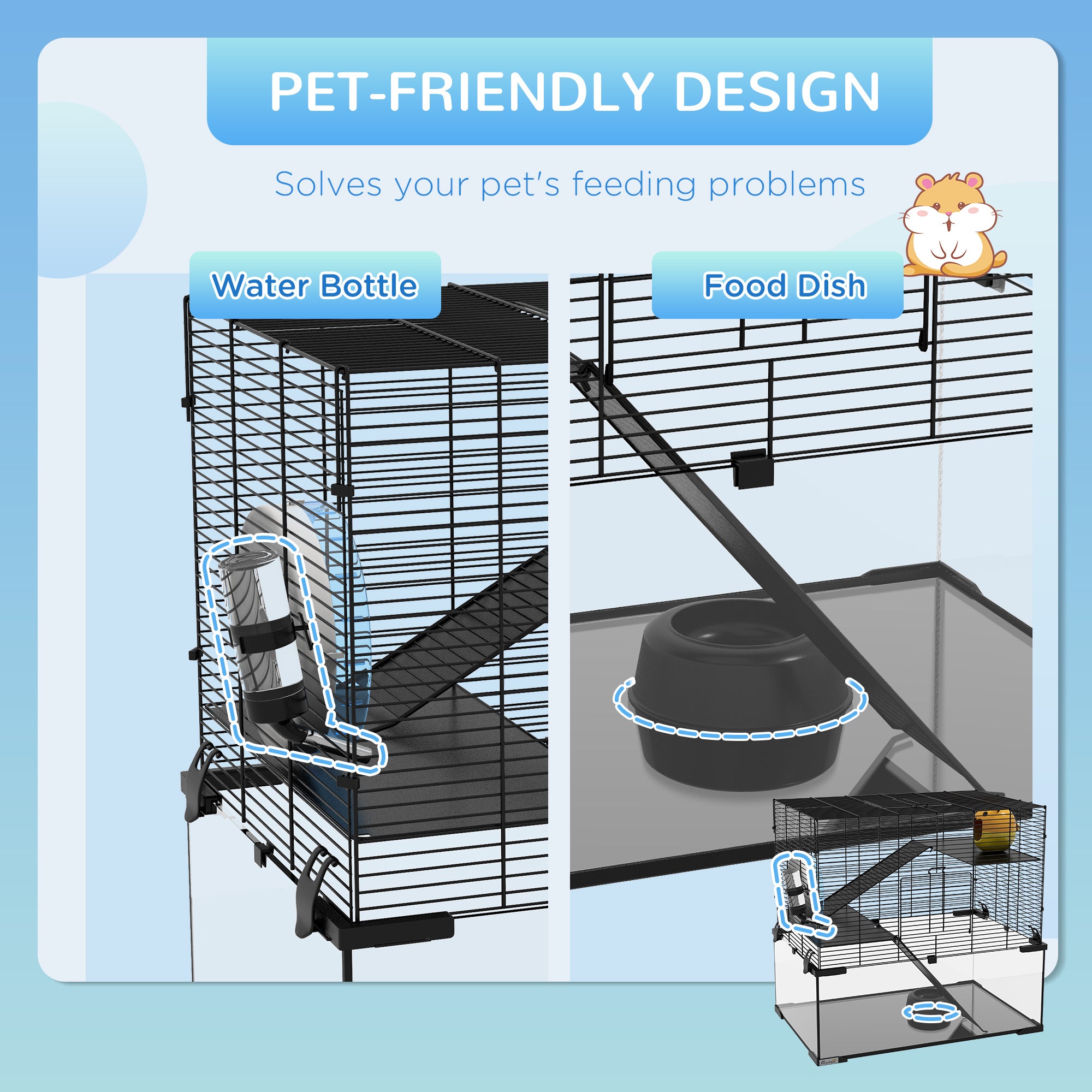 PawHut 3 Tiers Hamster Cage, Gerbil Cage with Deep Glass Bottom, Non-Slip Ramps, Platforms, Hut, Exercise Wheels, Water Bottle, Dish, for Syrian Hamster, Dwarf Hamster, 60 x 40 x 57cm - North Peak Garden Furniture