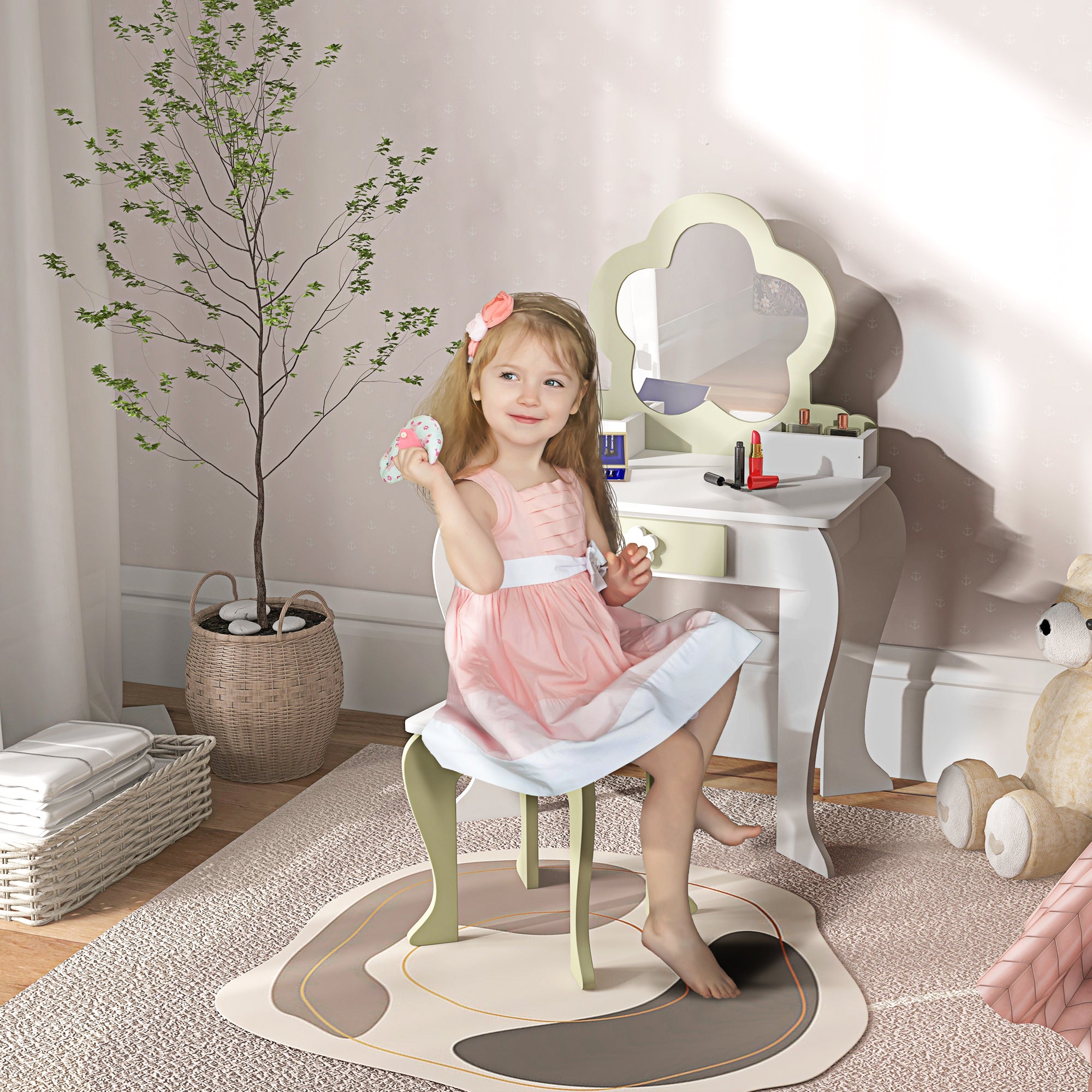 ZONEKIZ Kids Vanity Table with Mirror and Stool, Drawer, Storage Boxes, Flower Design, for Ages 3-6 Years - White - North Peak Garden Furniture