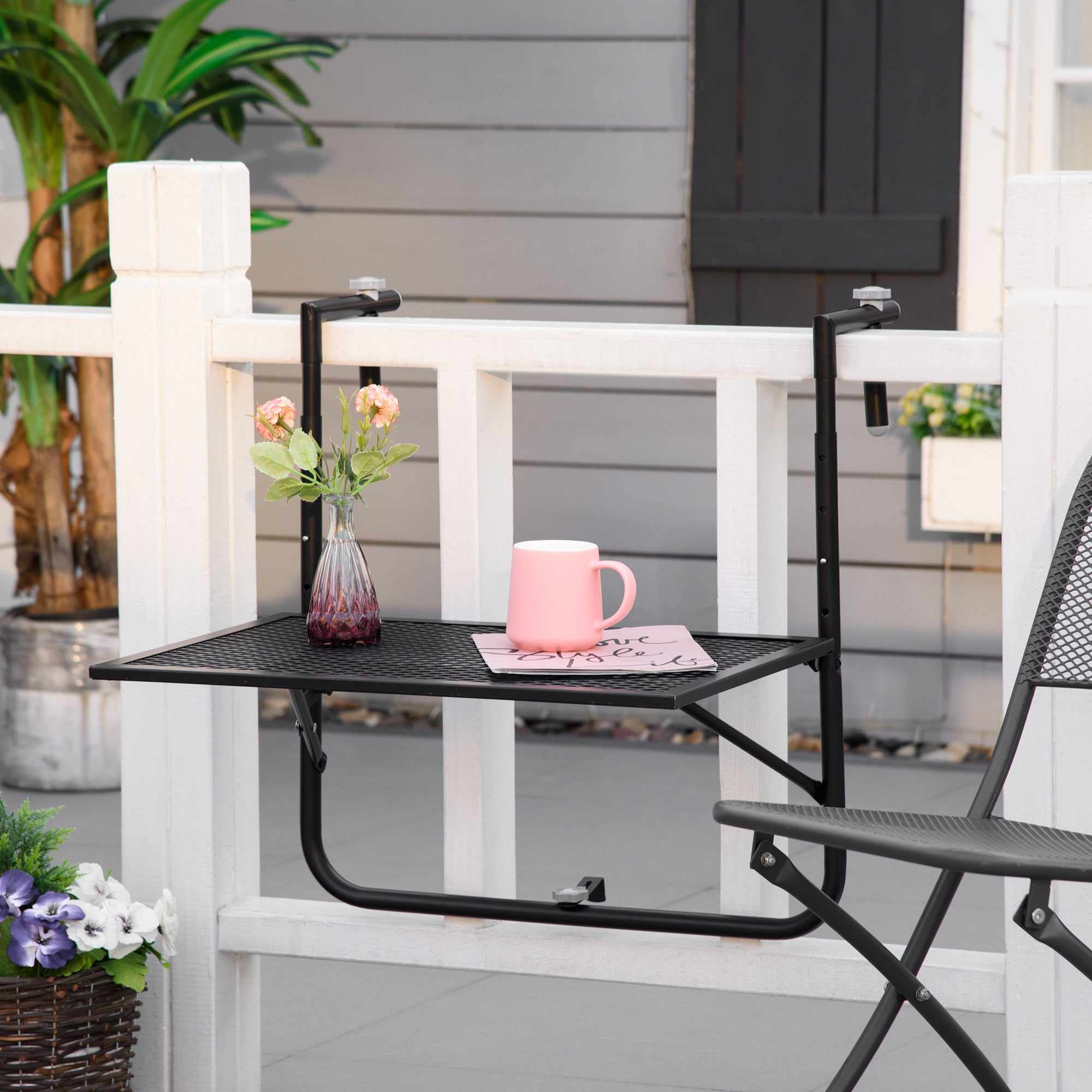 Outsunny Balcony Hanging Table, Metal Wall Mount Desk, Adjustable Folding Balcony Deck Table for Patio and Garden, Black - North Peak Garden Furniture