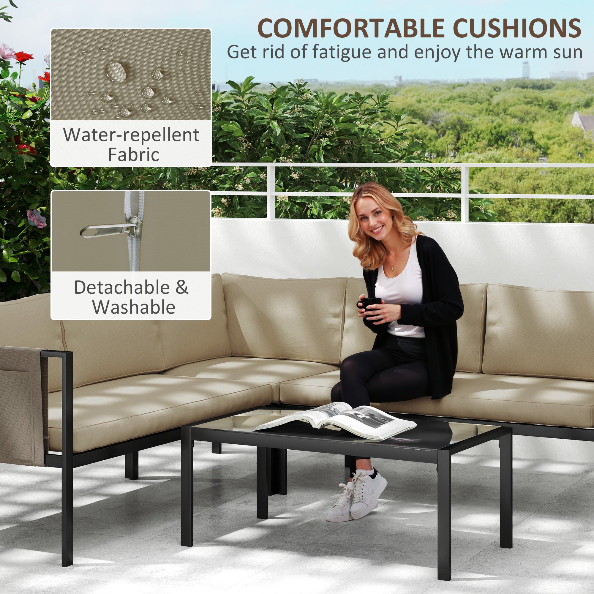 Outsunny 5 Seater Garden Corner Sofa Set, 4 Pieces Metal Garden Furniture Set with Loveseats, Glass Top Coffee Table, Breathable Mesh Pocket, Outdoor Conversation Furniture with Cushions, Khaki - North Peak Garden Furniture
