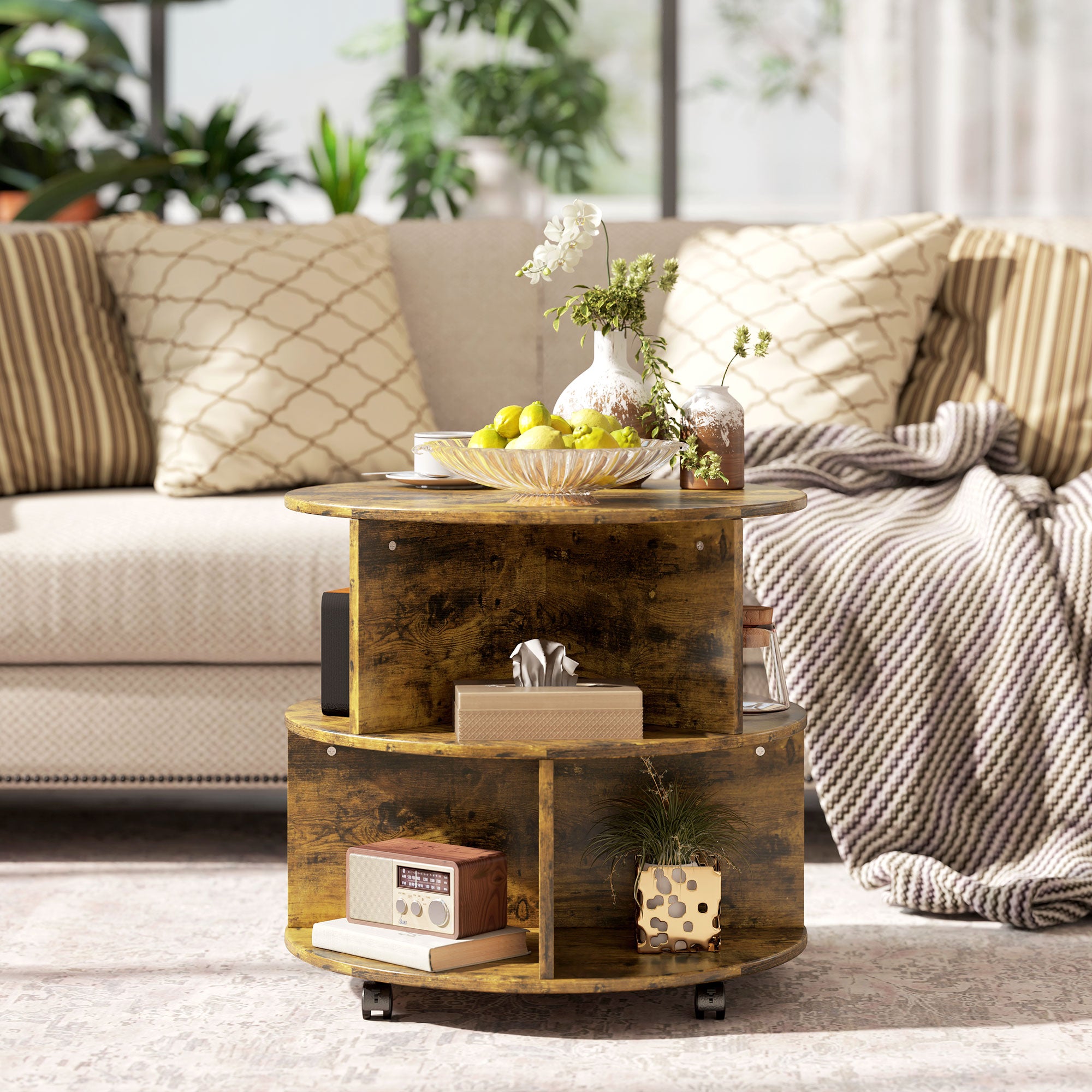 HOMCOM Round Coffee Table with Wheels, 3-Tier Rolling Side Table for Living Room with Divided Shelves, Rustic Brown - North Peak Garden Furniture