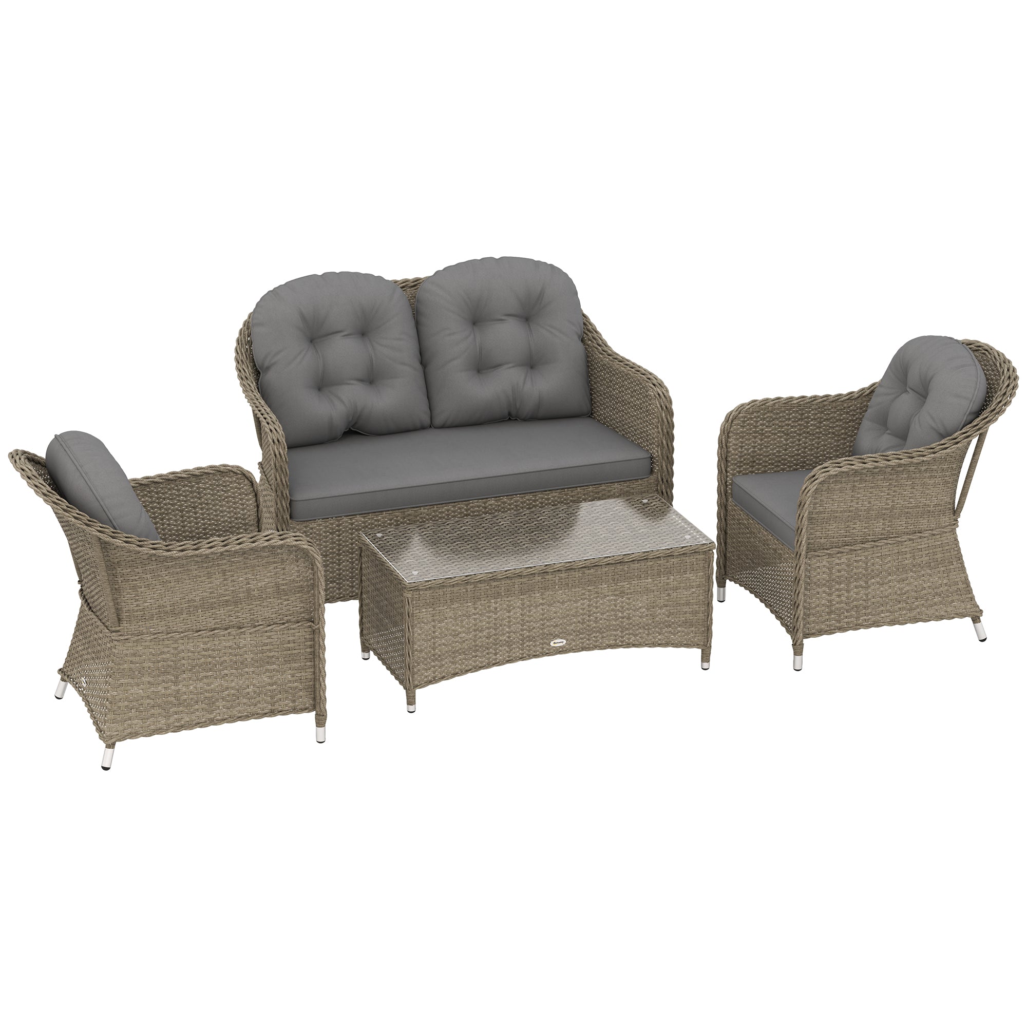 Outsunny Four-Piece Rattan Sofa Set, with Glass-Top Table - Light Grey