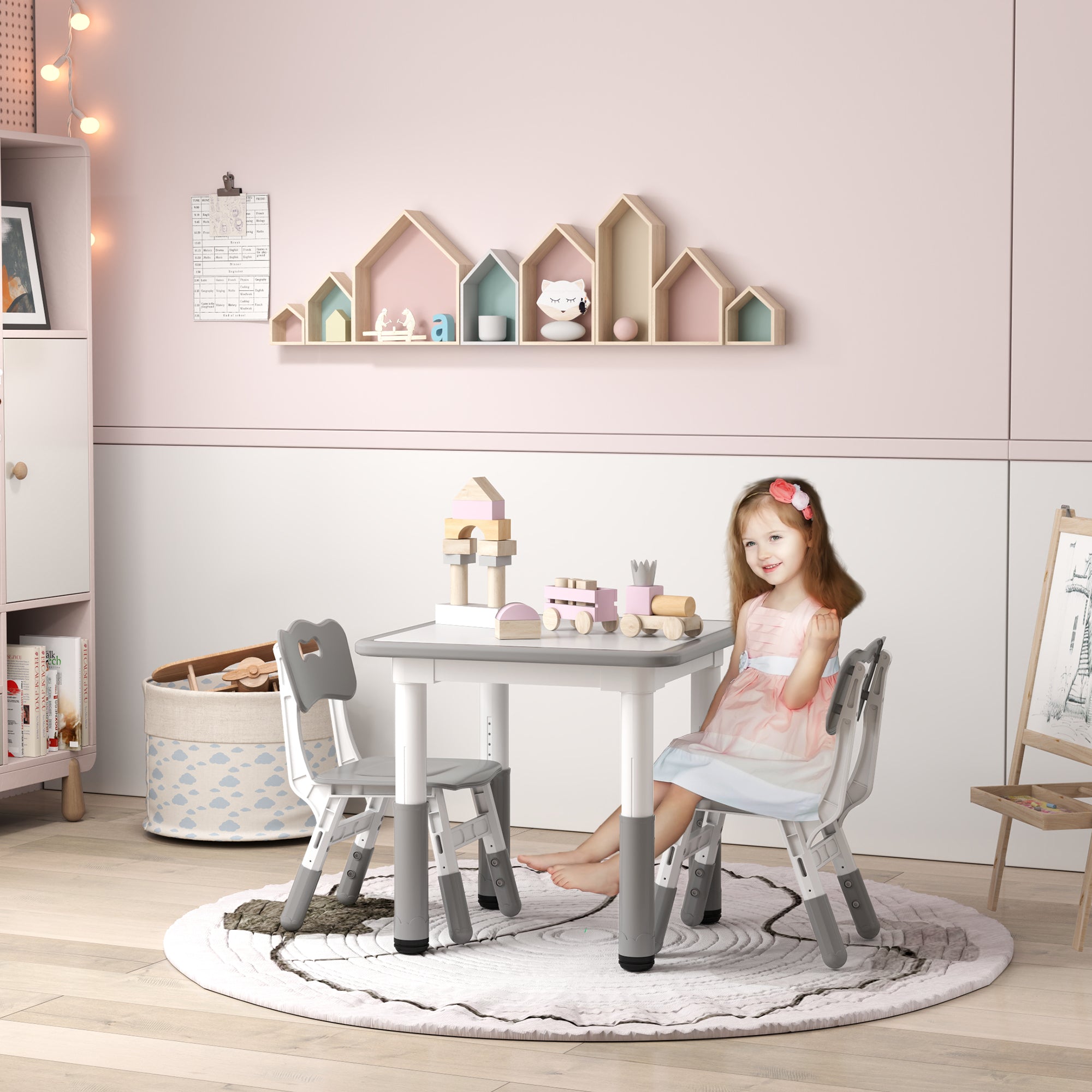 AIYAPLAY Height Adjustable Toddler Table and Chair Set, 3 Pcs Children Activity Table w/ 2 Chairs, for Playroom, Bedroom - Grey - North Peak Garden Furniture