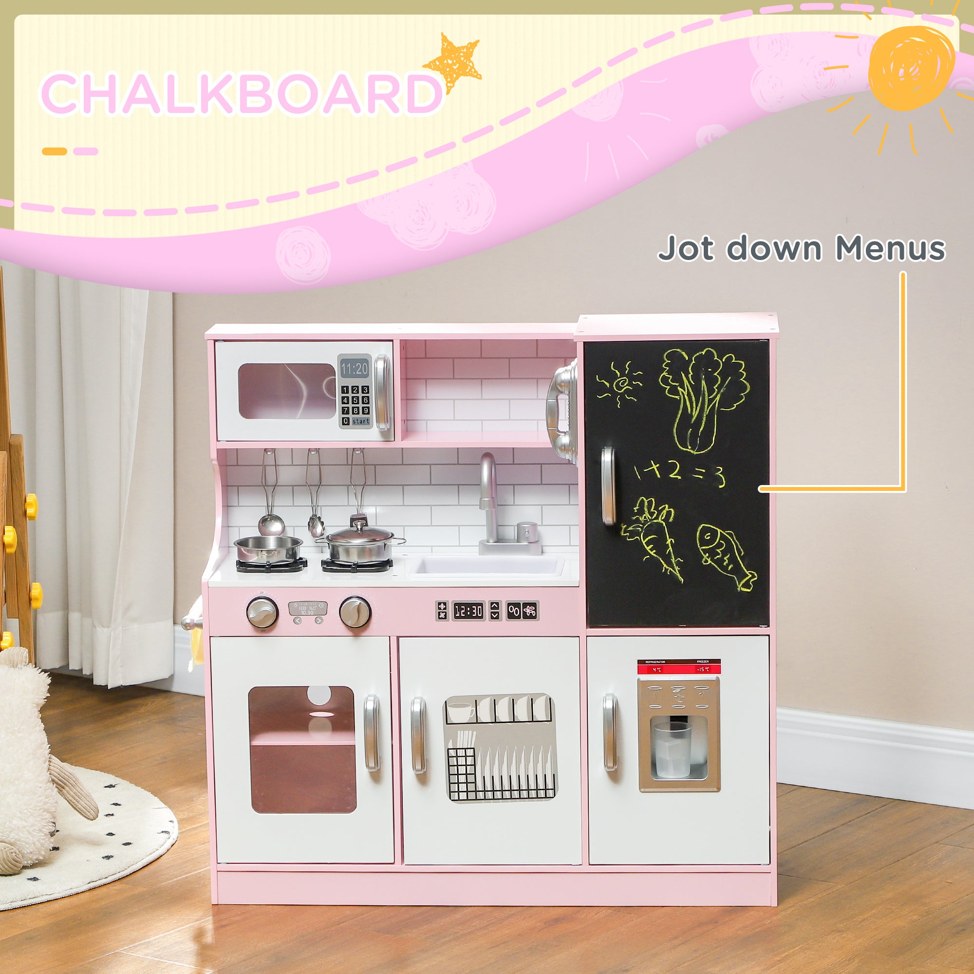AIYAPLAY Pretend Play Kitchen Kids Kitchen Playset w/ Toy Phone, Chalkboard, Microwave, Cooking Stove, Sink - North Peak Garden Furniture