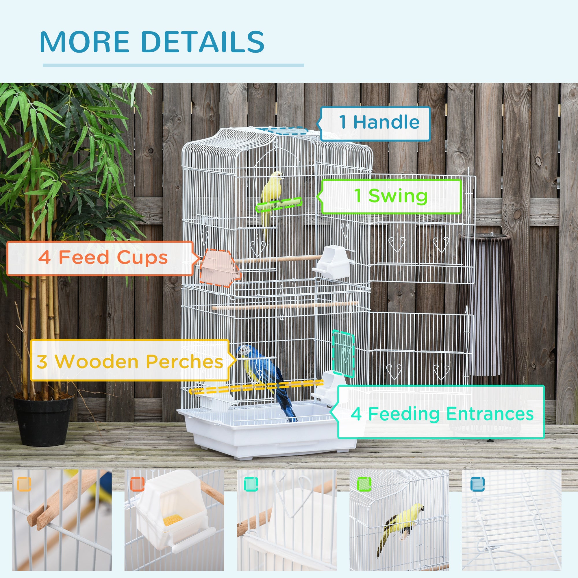 PawHut Large Metal Bird Cage with Stand, Perches, Food Bowls, Swing for Budgie, Parakeet, 46.5 x 35.5 x 92cm,White