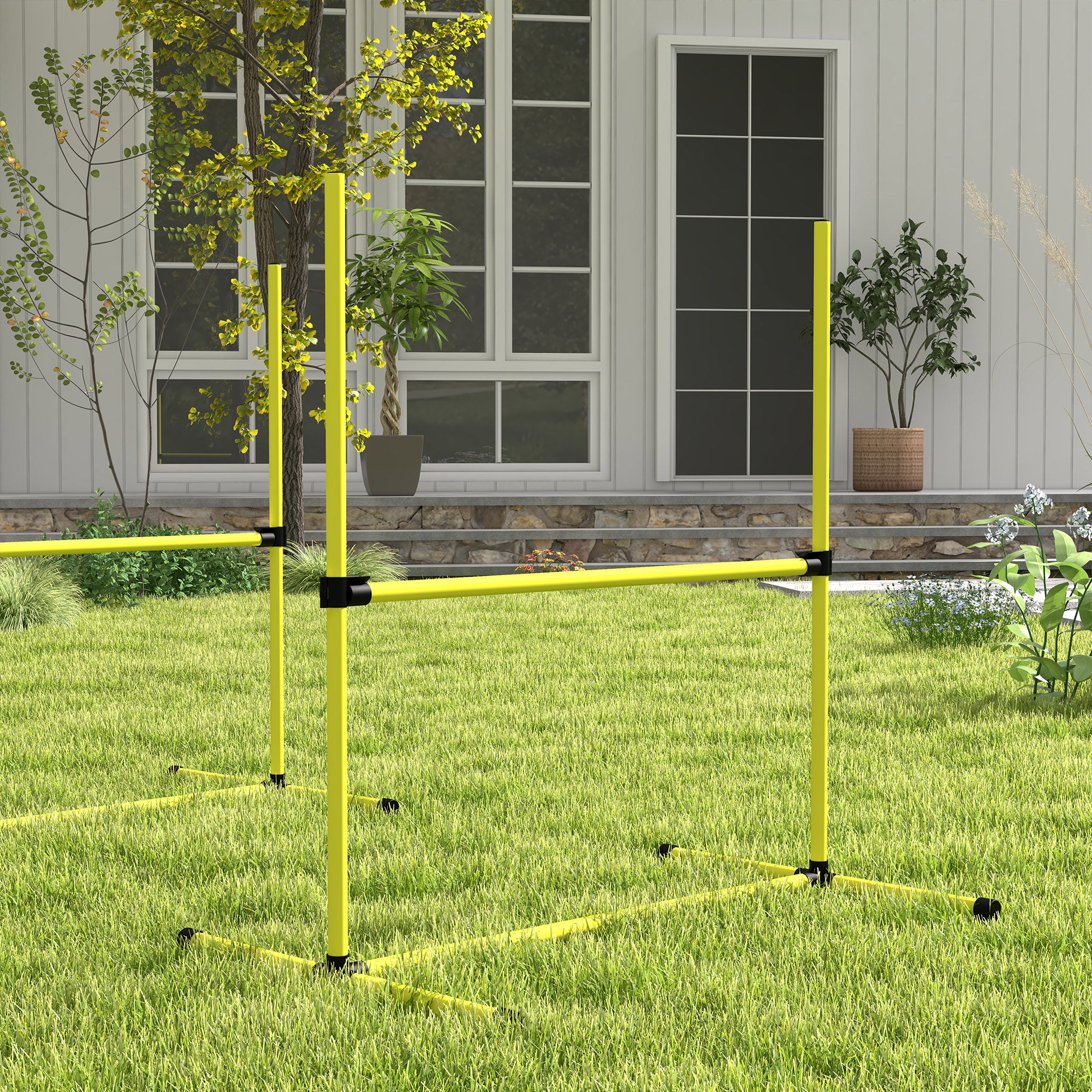 PawHut 4 Pieces Dog Agility Training Equipment, Adjustable Height Jumps Hurdle with Carrying Bag for Outdoor, Yellow - North Peak Garden Furniture