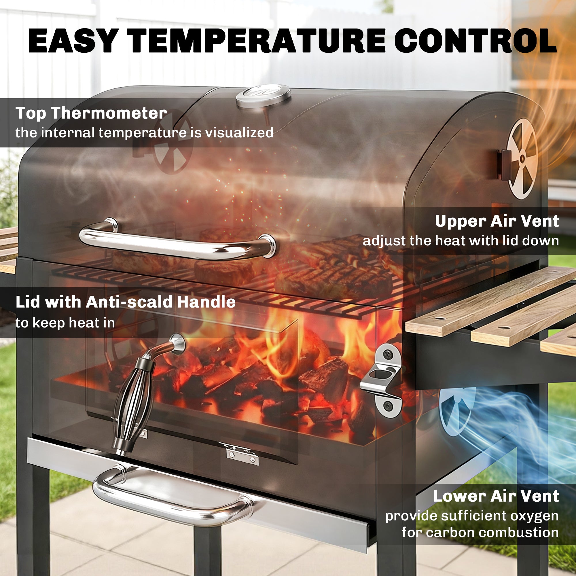 Outsunny Charcoal BBQ Grill with Height Adjustable Charcoal Pan, Barbecue Smoker with Warming Rack, 3 Shelves, Temperature Gauge, Wheels, Bottle Opener for Outdoor Cooking Garden Party