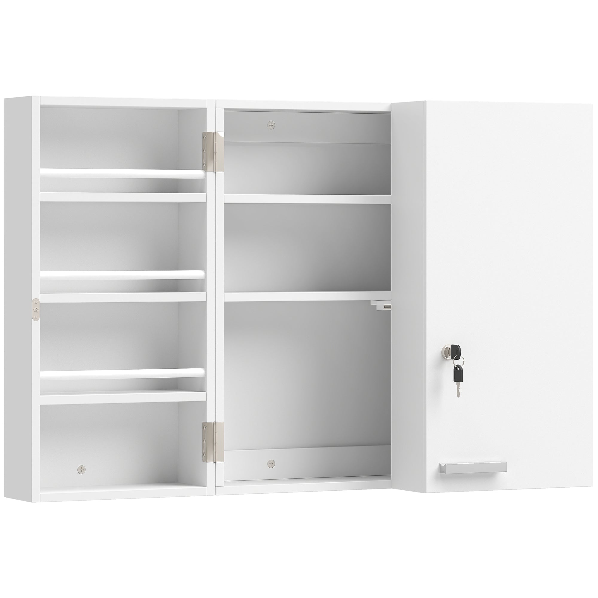 HOMCOM Wall Mount Medicine Cabinet with Key Lock, 3 Tier First Aid Cabinet with 2 Doors and 11 Storage Compartments, White