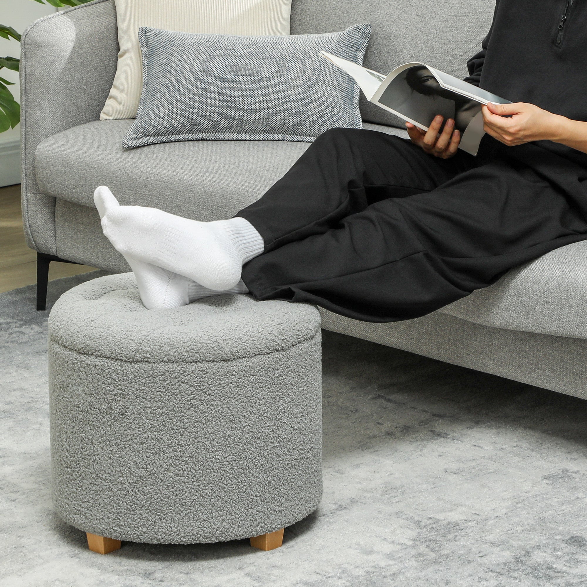 HOMCOM 31.8L Teddy Fleece Storage Ottoman - Dark Grey - North Peak Garden Furniture