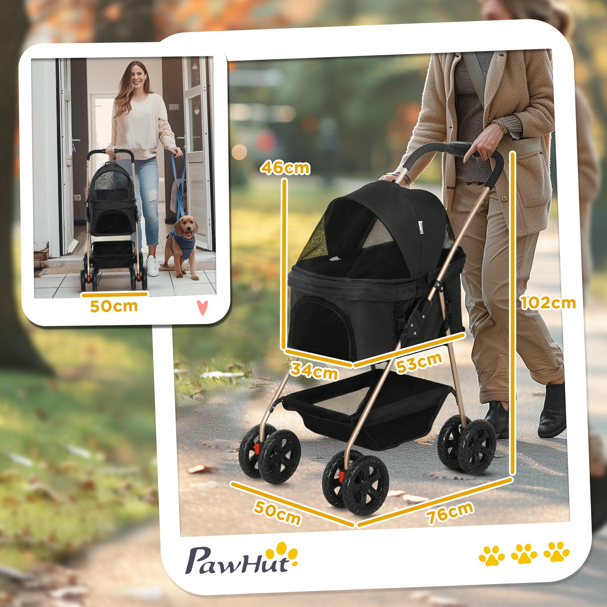 PawHut 3 in 1 Pet Stroller, Folding 4 Wheels Dog Pram with Detachable Carrier for Mini Dogs Cats, Black - North Peak Garden Furniture