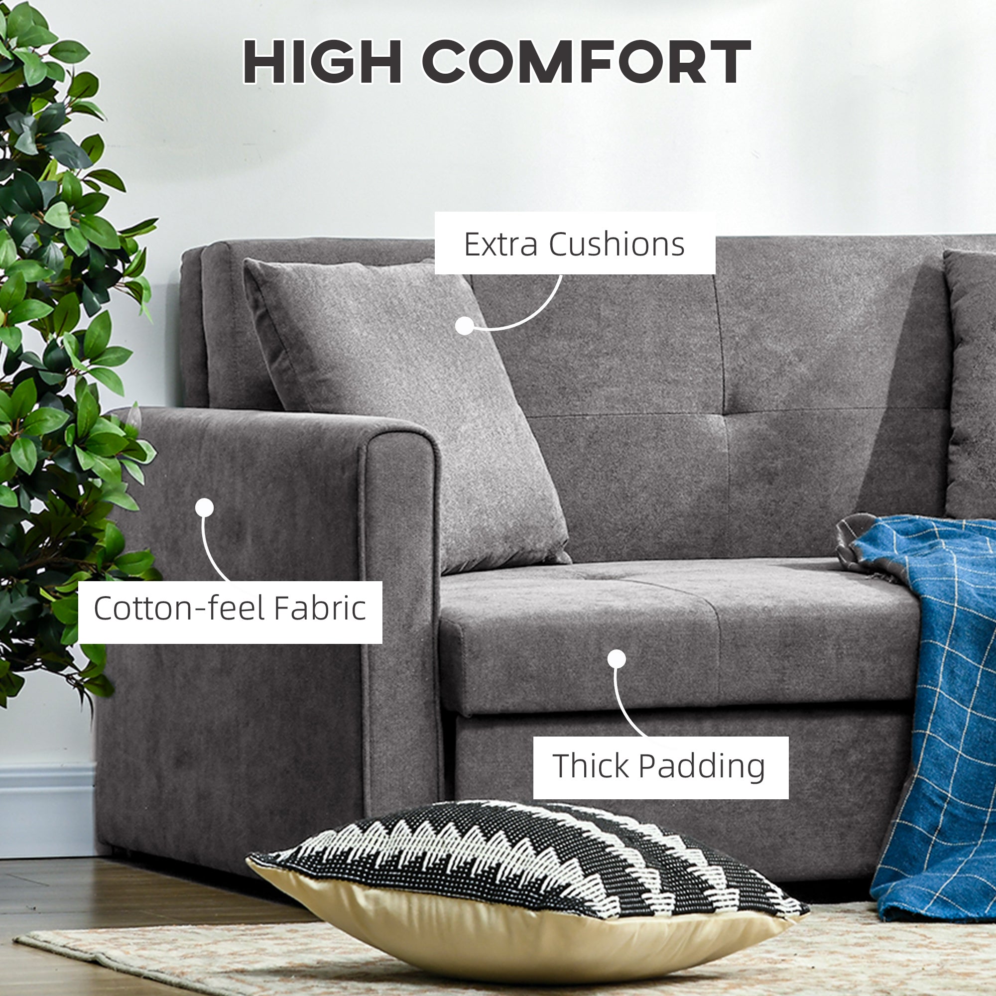 HOMCOM 2 Seater Sofa Bed, Convertible Bed Settee, Modern Fabric Loveseat Sofa Couch with 2 Cushions, Hidden Storage for Living Room, Guest Room, Light Grey - North Peak Garden Furniture