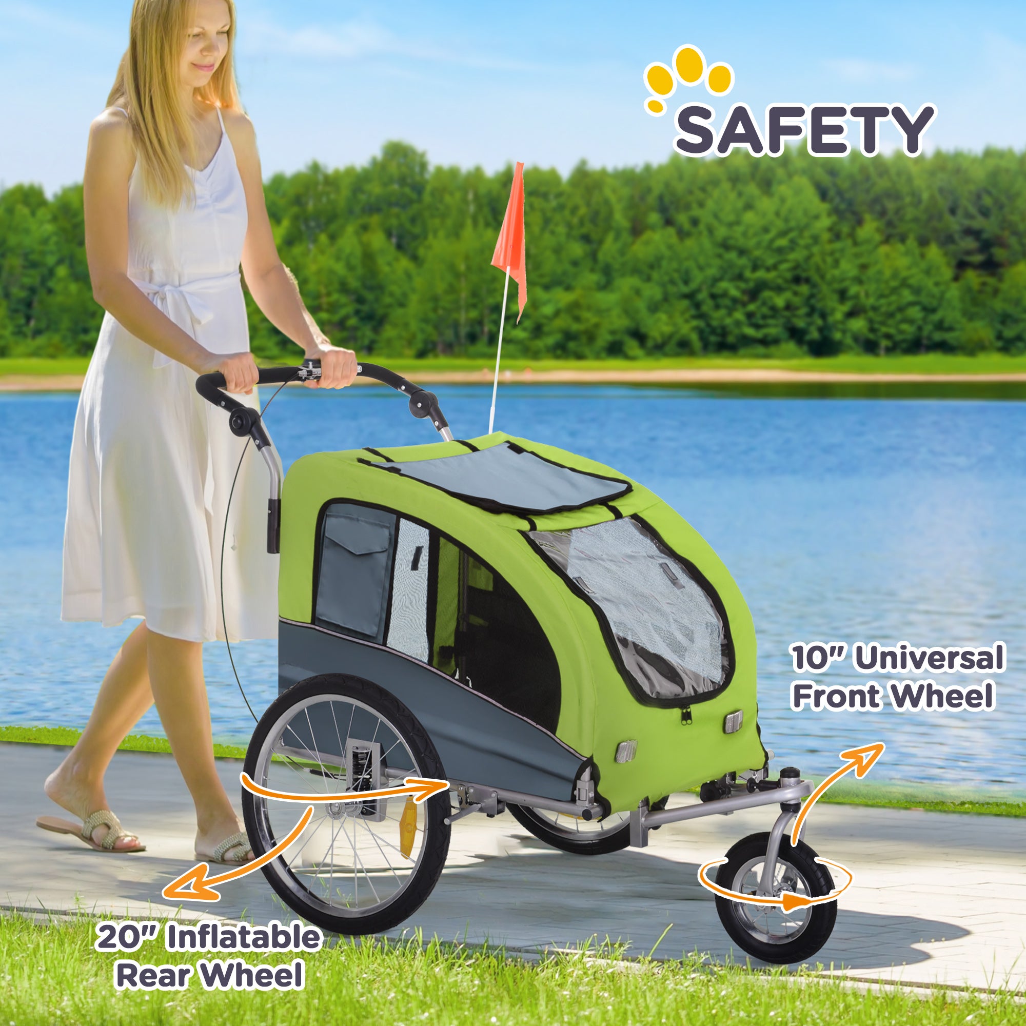 PawHut Dog Bike Trailer Pet Stroller Cart Carrier for Bicycle 360° Rotatable with Reflectors 3 Wheels Hitch Coupler Push/ Pull/ Brake Water Resistant Green - North Peak Garden Furniture