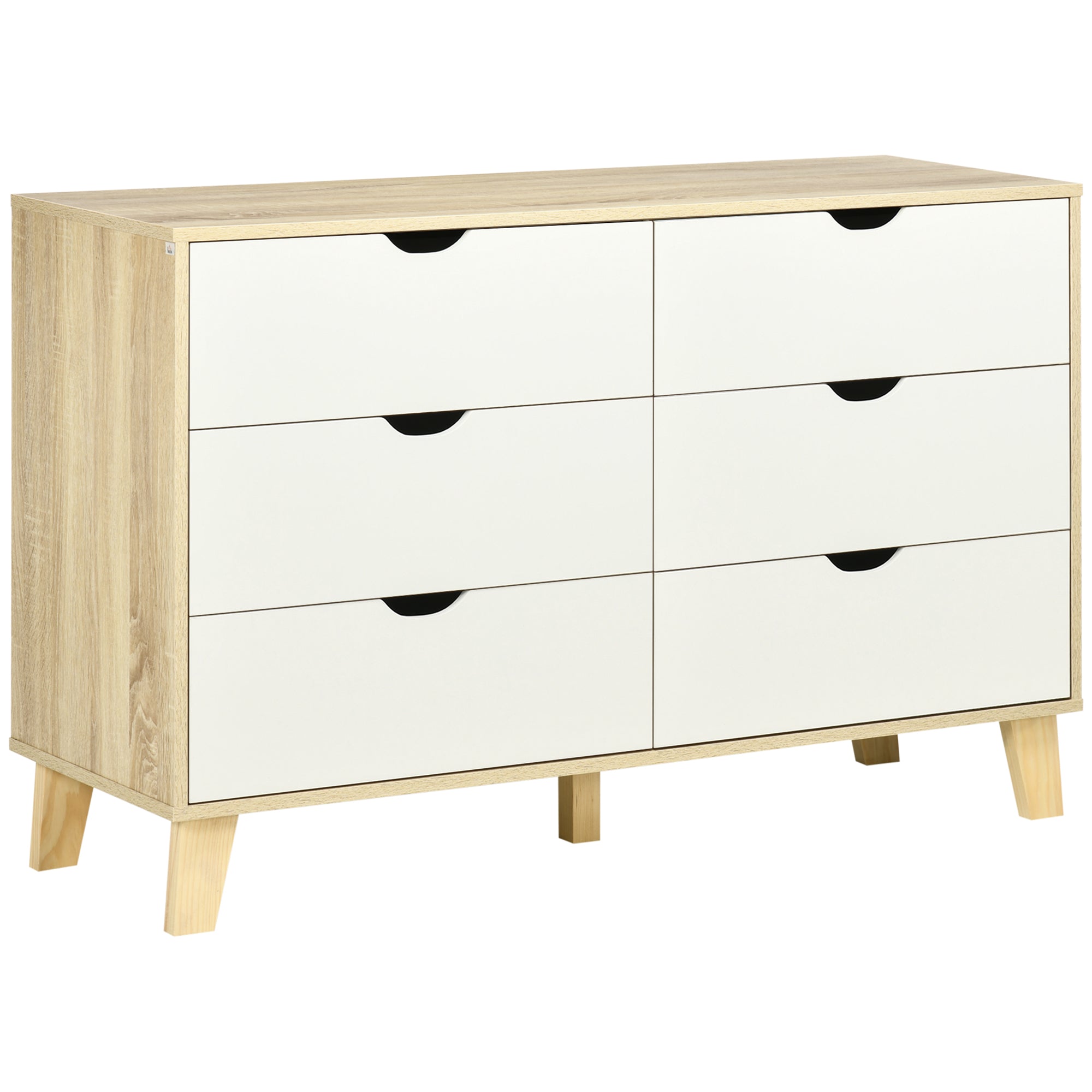 HOMCOM Bedroom Chest of Drawers, Wide 6-Drawer Dresser, Storage Drawer Unit with Wood Legs for Living Room, White and Light Brown - North Peak Garden Furniture