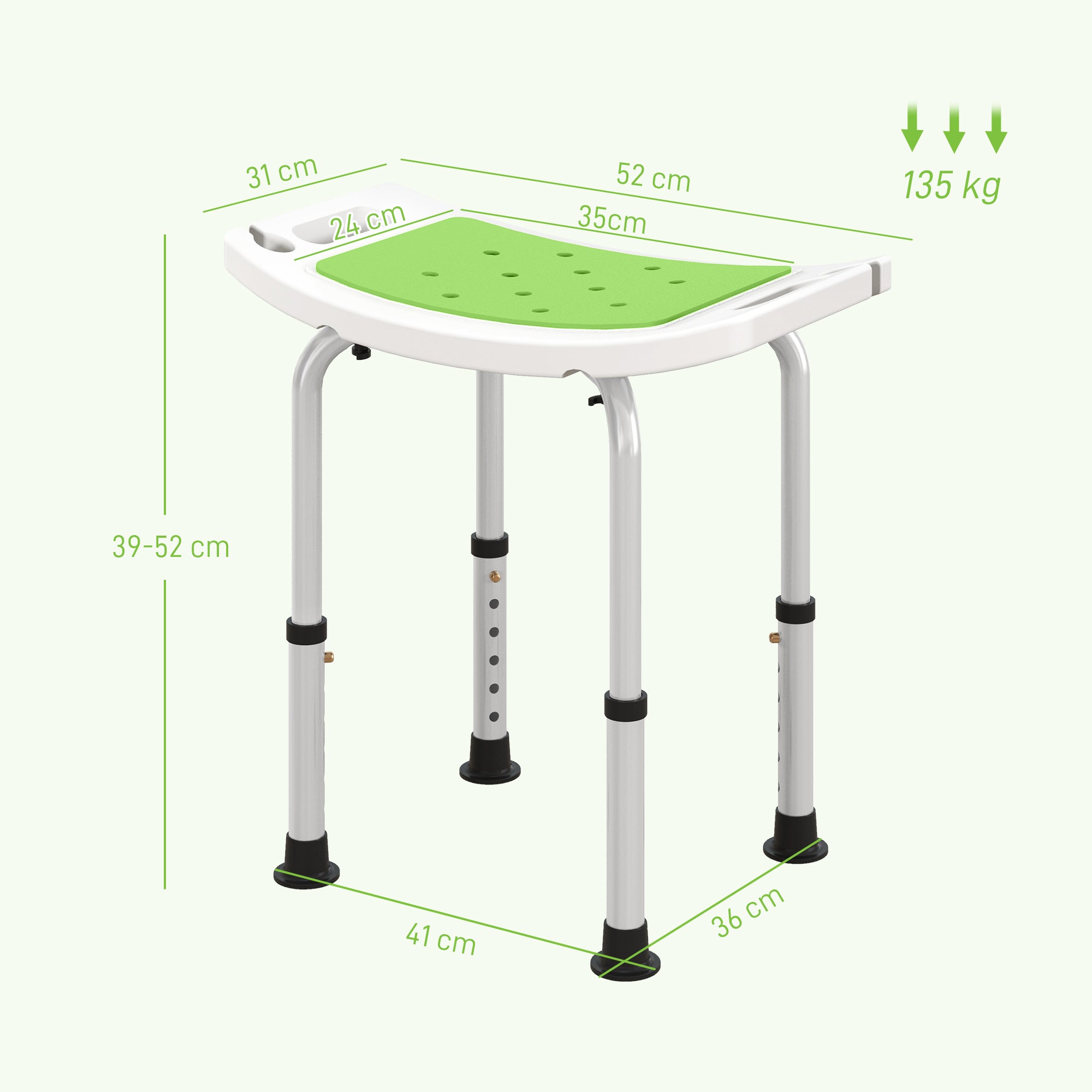 HOMCOM 6-Level Height Adjustable Aluminium Bath Room Stool Chair Shower Non-Slip Design w/ Padded Seat Drainage Holes Foot Pad, Green