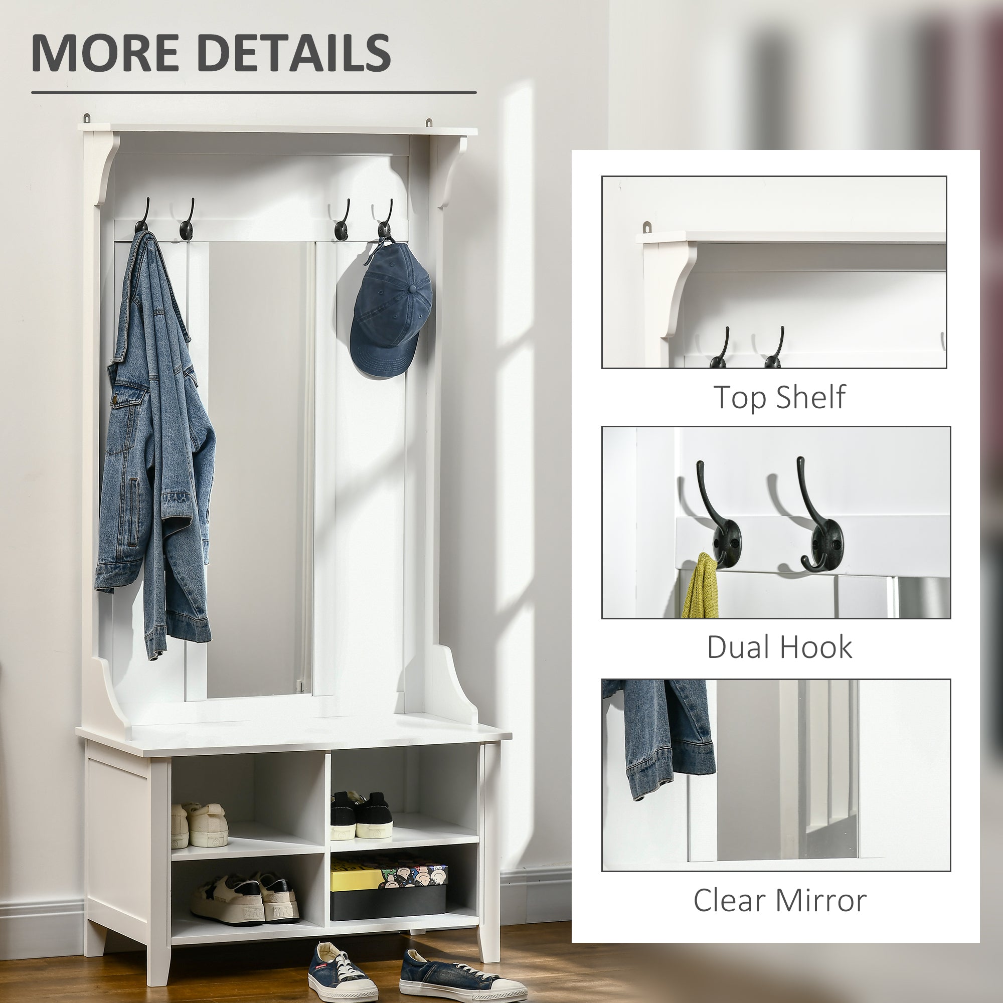 HOMCOM Hallway Furniture Set Shoe Bench Storage Mirror Cabinet Coat Rack Multiple Cubes Hangers Organiser Shelves w/ 4 Hooks - North Peak Garden Furniture
