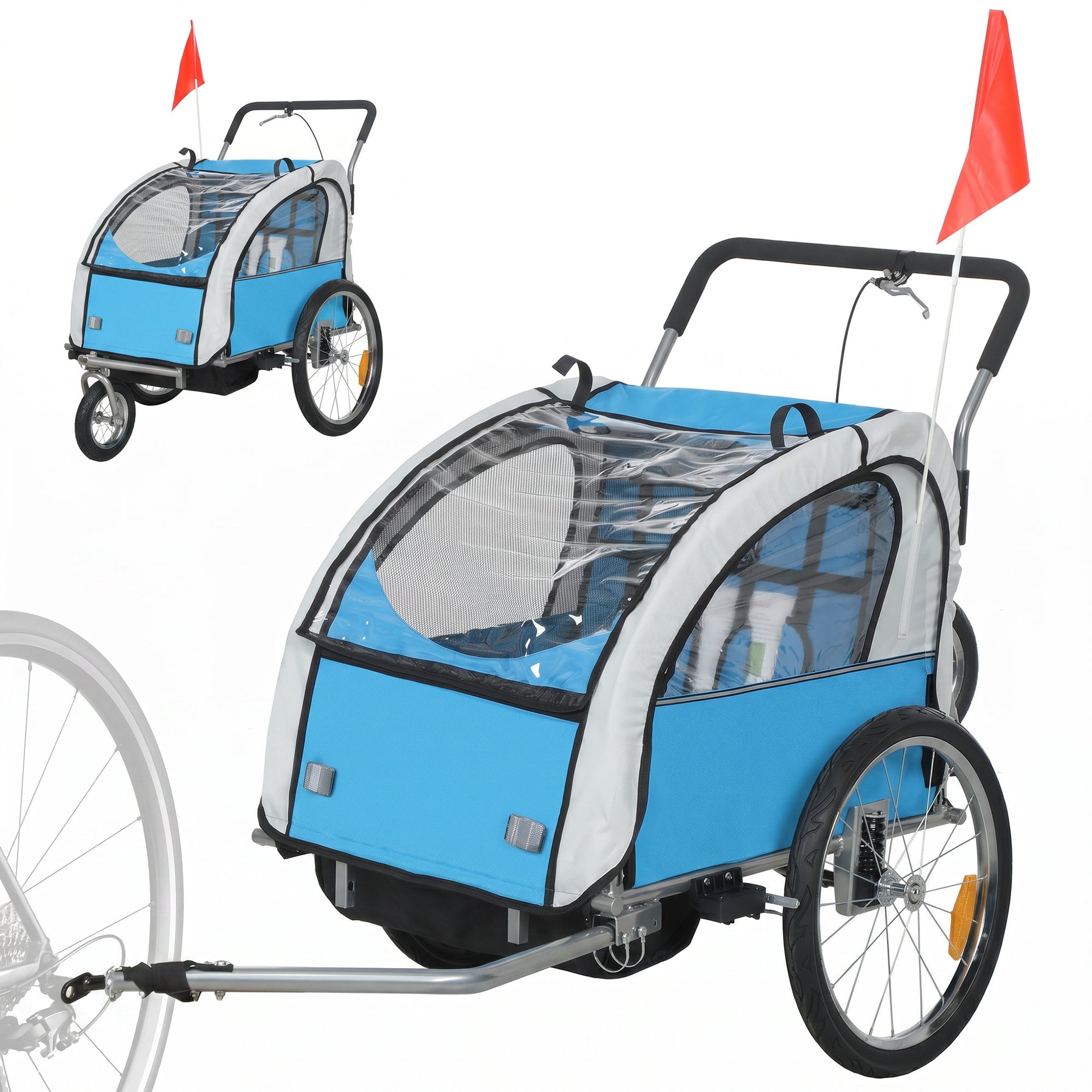 HOMCOM 2 Seat Bike Trailer with 5 Point Harness, Baby Bike Stroller with Safety Flag, Reflectors, for 18+ Months, Blue