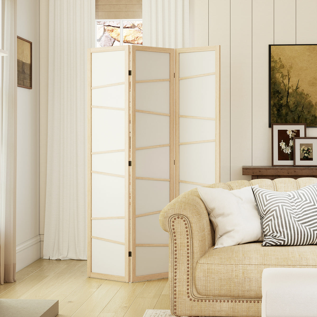 HOMCOM Wooden Folding Privacy Screen, 3 Panel Room Divider for Bedroom, Natural Wood Finish