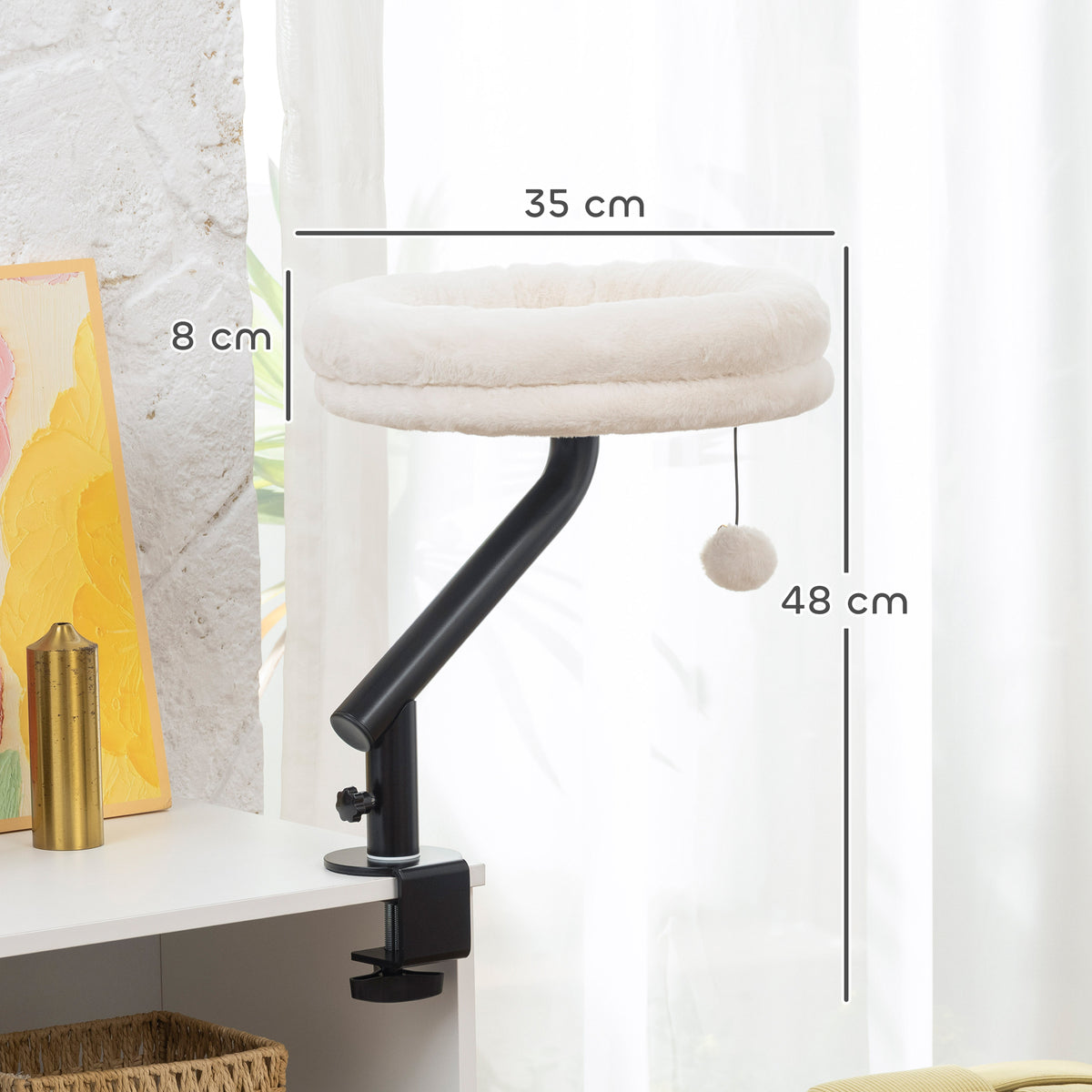 PawHut Cat Desk Bed, Cat Hammock 360° Rotatable Adjustable for Window, Table, Work, Cream White