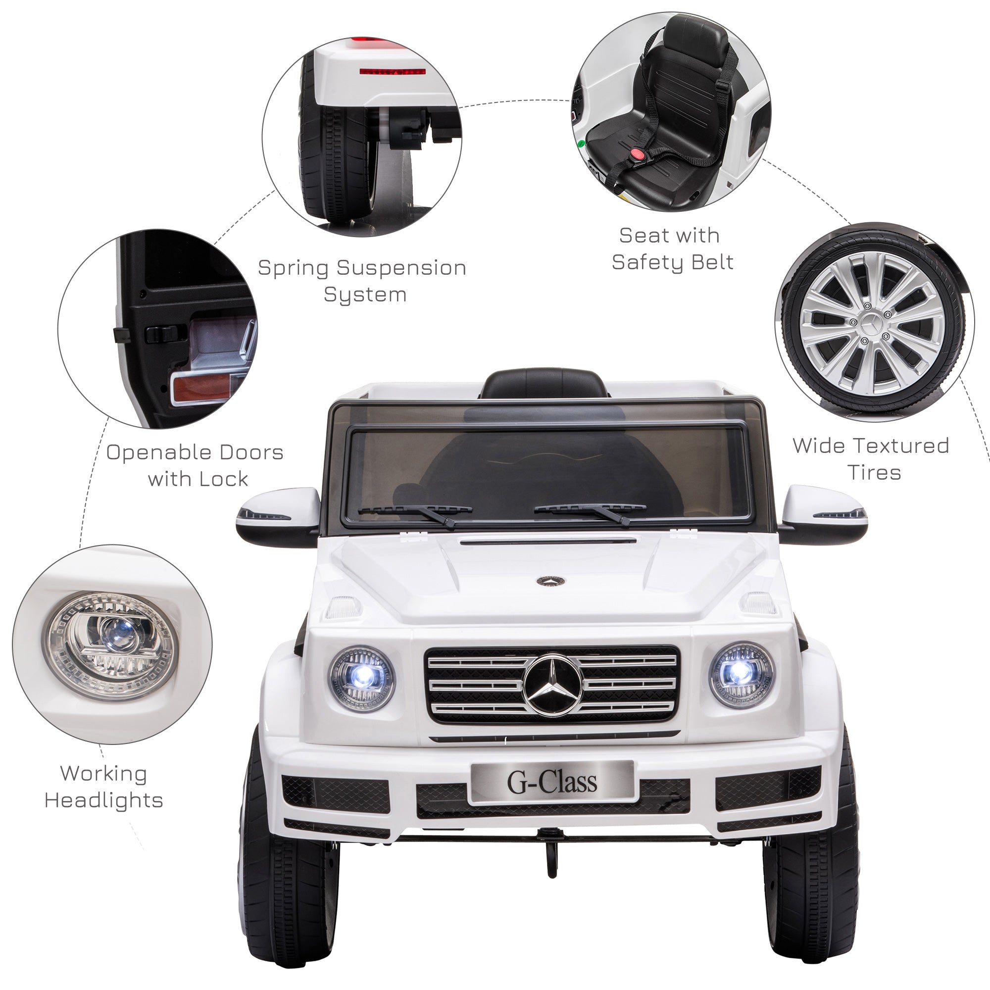 HOMCOM Mercedes Benz G500 Licensed 12V Kids Electric Ride On Car Toy with Parental Remote Control Battery-powered 2 Motors Music Lights MP3 for 3-8 Years Old White - North Peak Garden Furniture